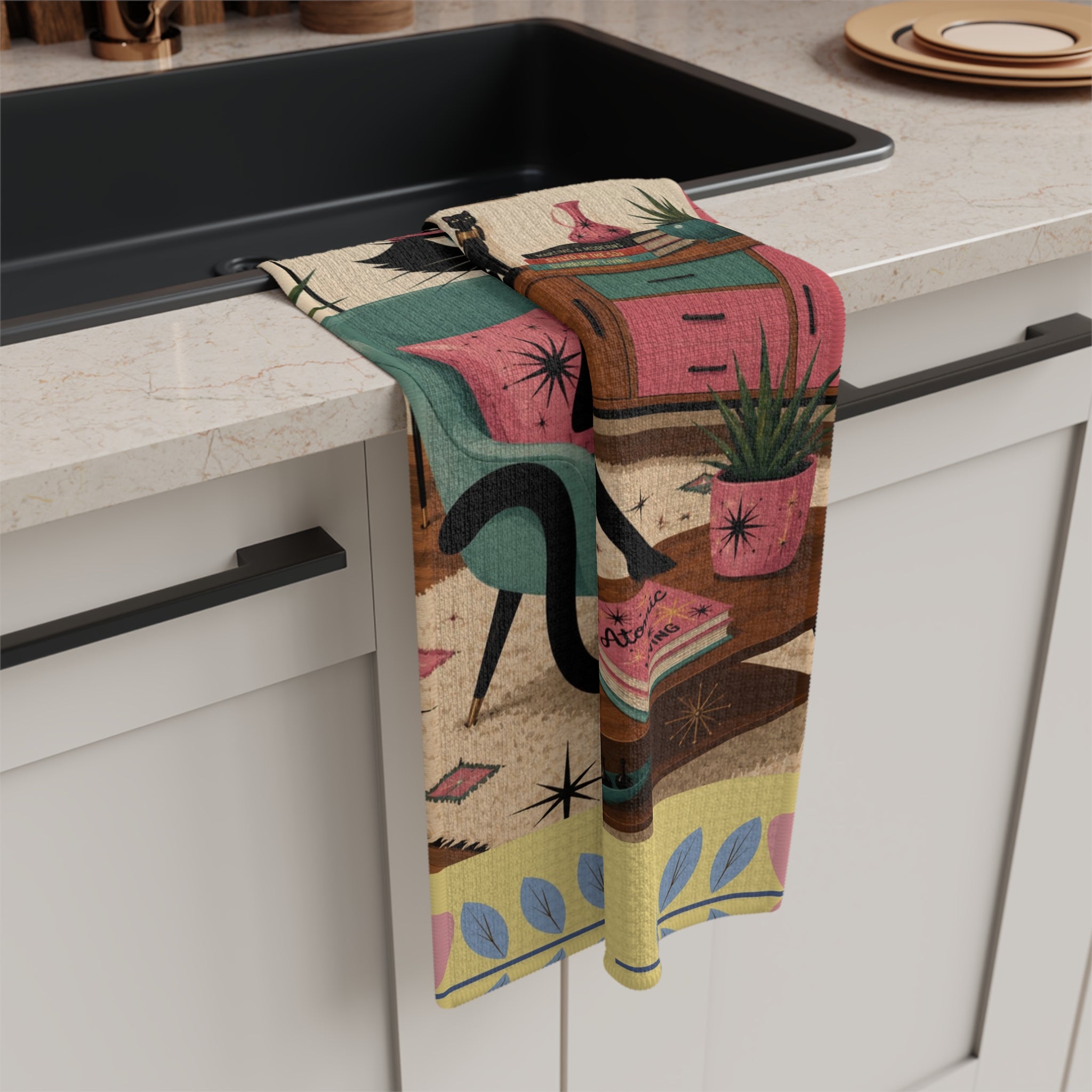 Retro Atomic Cat Lounge Microfiber Tea Towel | Mid Century Modern Cat Art