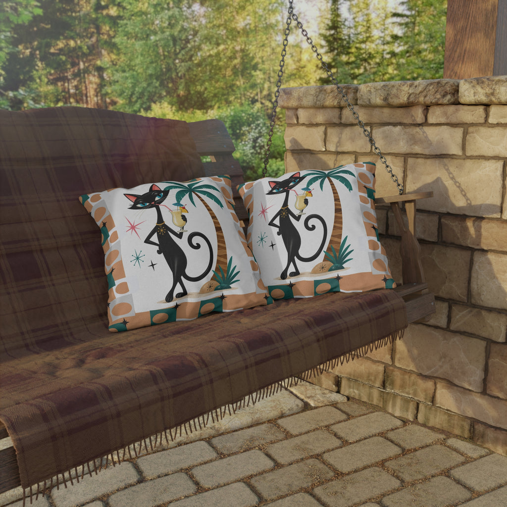 Retro Atomic Black Cat Tiki Outdoor Pillow | Palm Tree Cocktail Cushion