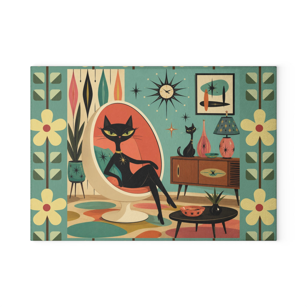 Retro Lounge Atomic Cat Glass Cutting Board | Mid Century Modern Kitchen Decor