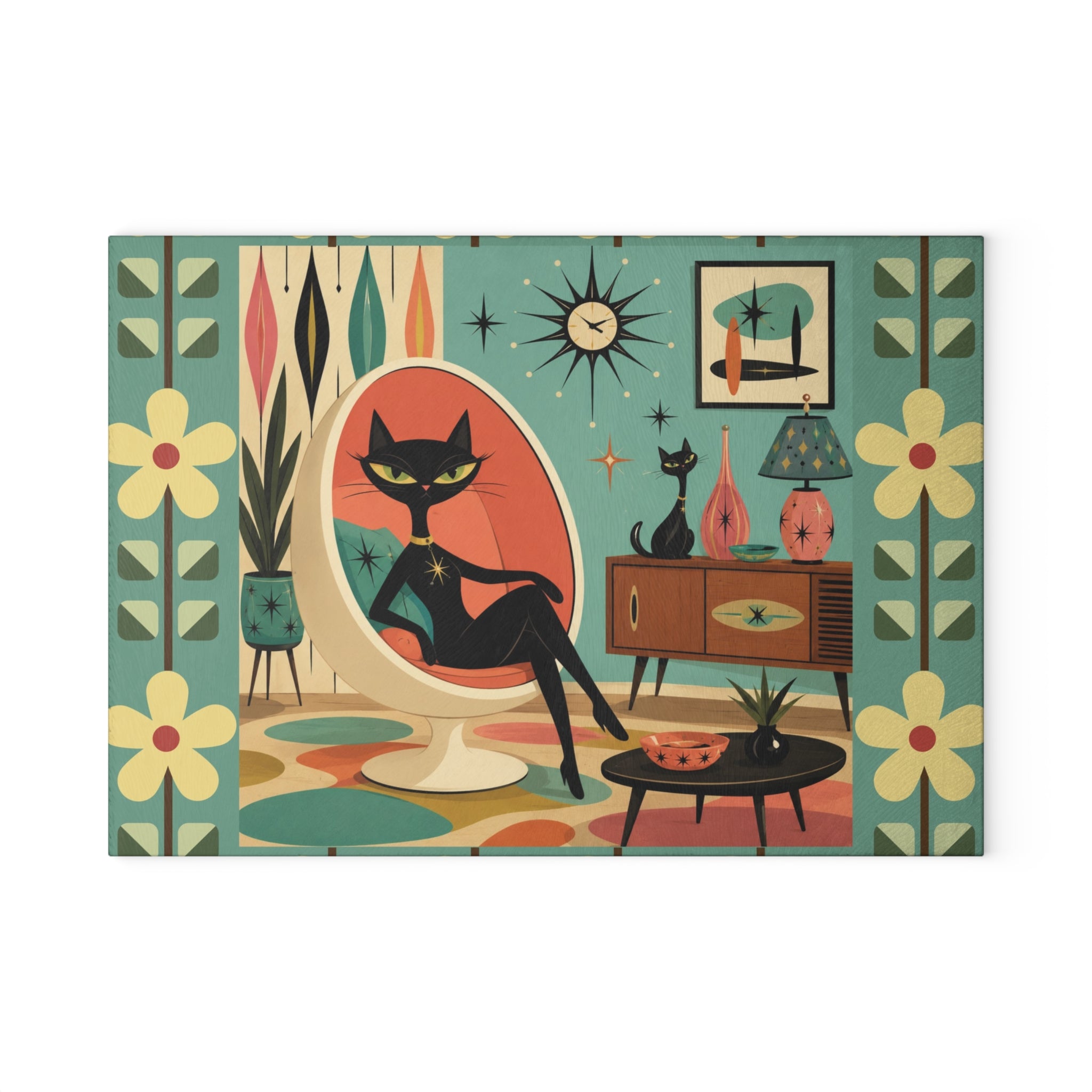 Retro Lounge Atomic Cat Glass Cutting Board | Mid Century Modern Kitchen Decor
