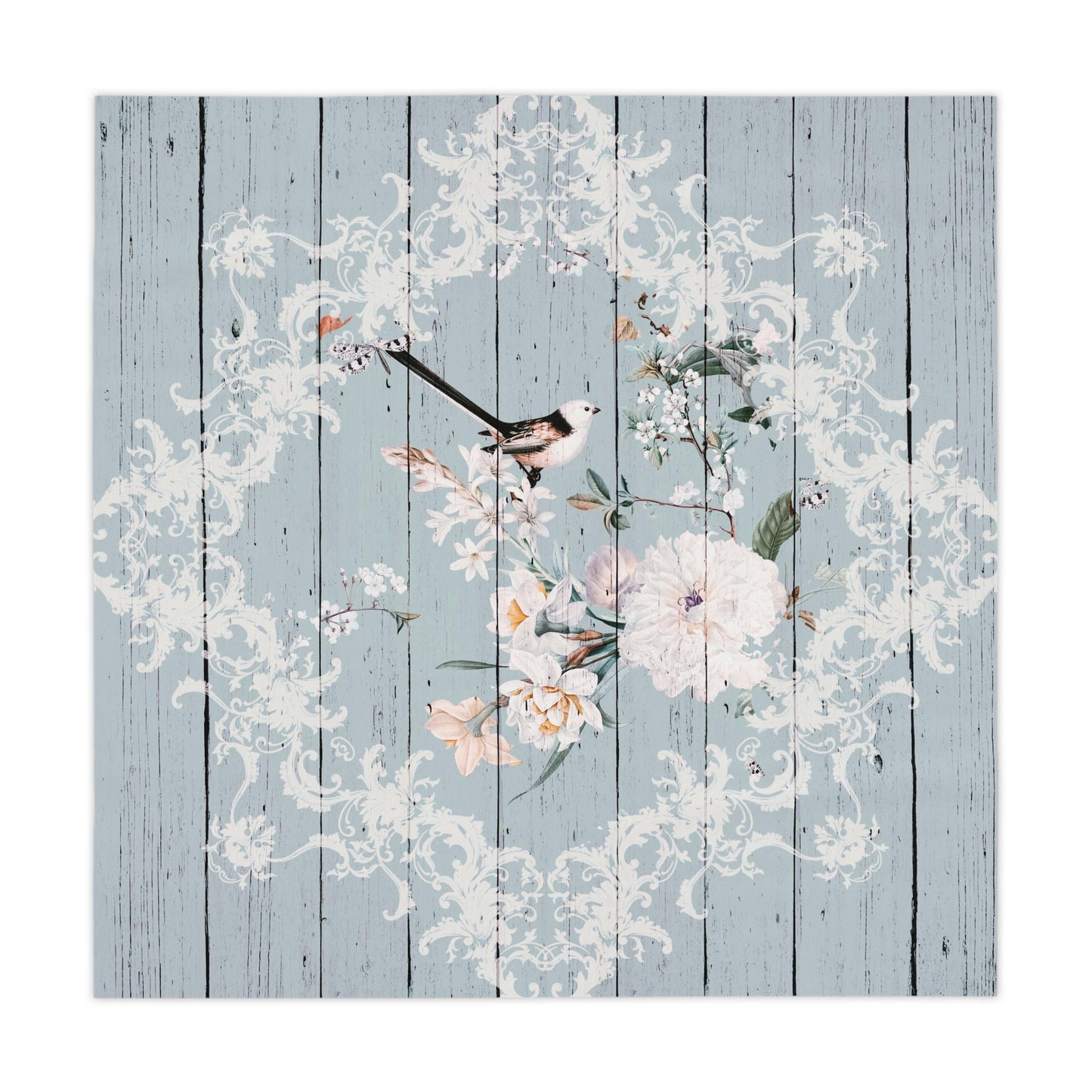 Blooms and Feathered Friends: Shabby Chic Pale Blue wood look Tablecloth with Floral Delights