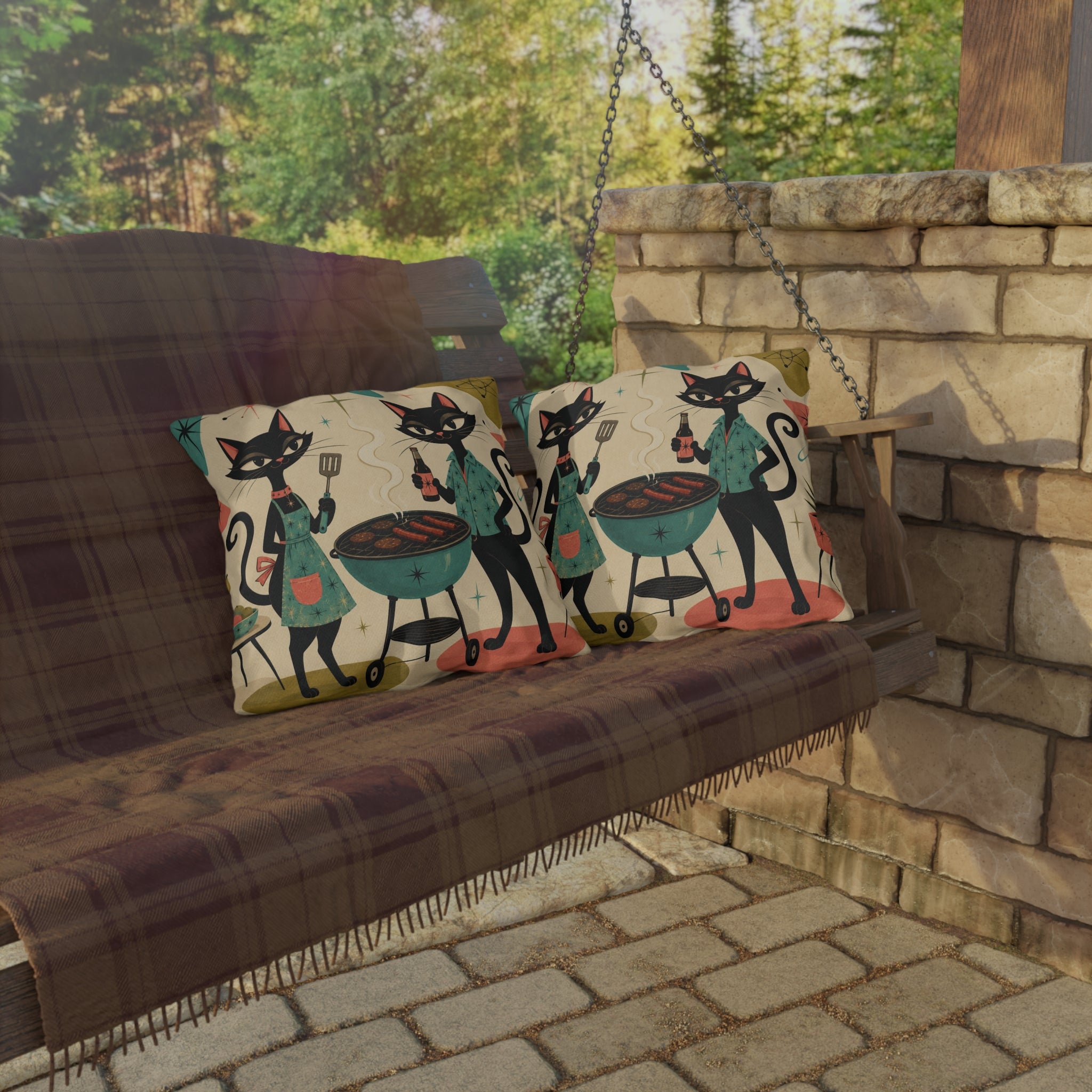 Retro Atomic Black Cats BBQ Outdoor Pillow | Mid Century Modern Cat Grill Decorative Cushion