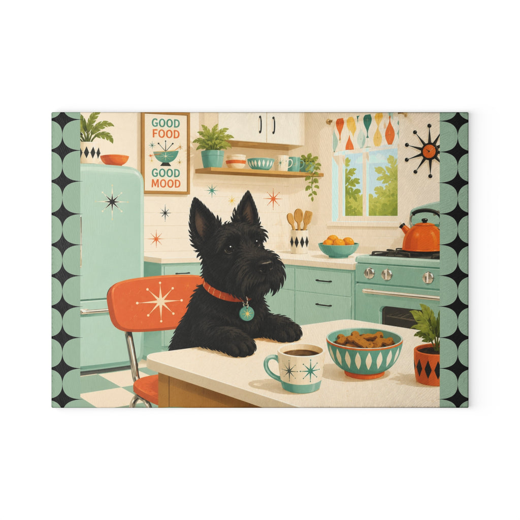 Retro Kitchen Scottish Terrier Glass Cutting Board | Mid Century Dog Art