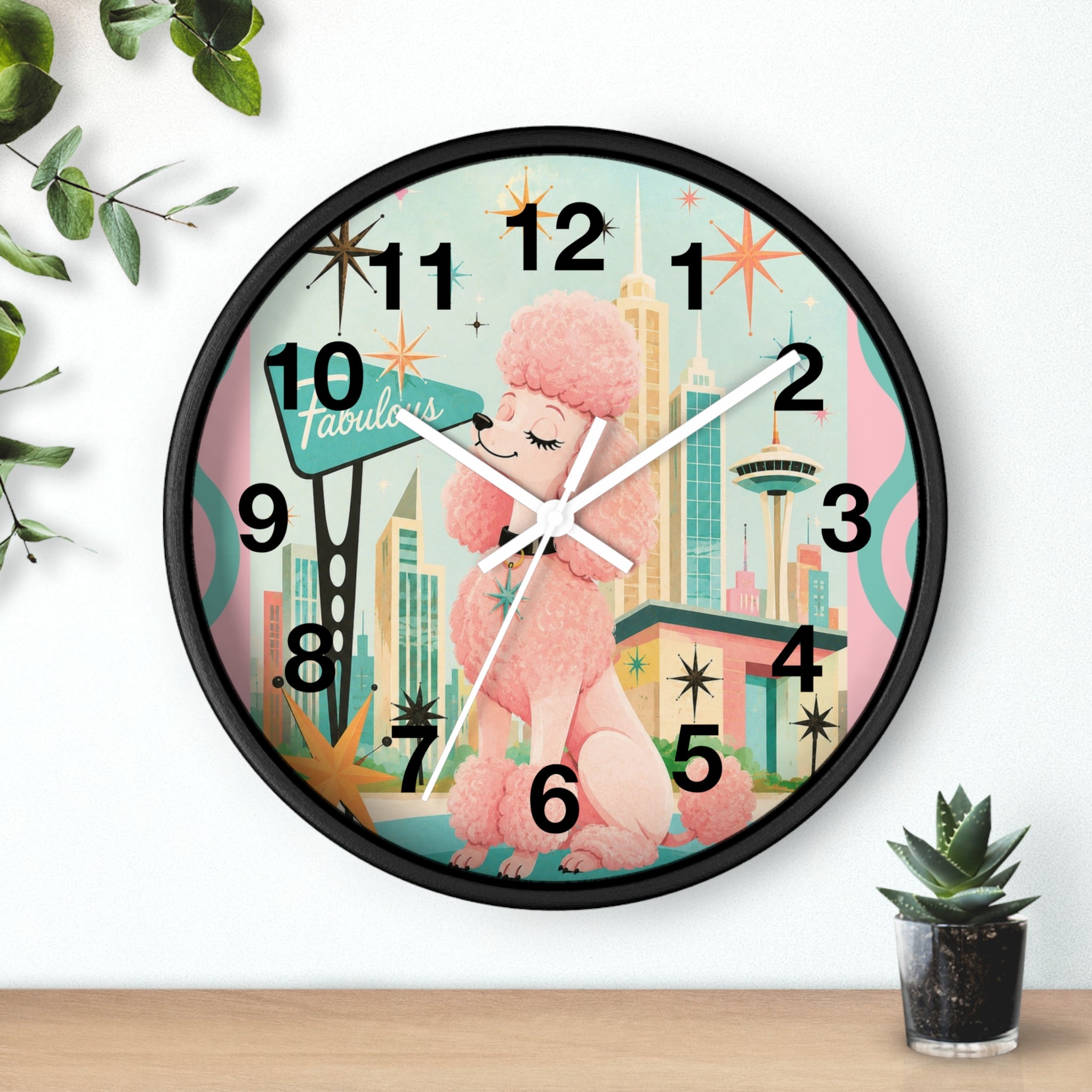 Pink Retro Poodle Wall Clock | Mid Century Atomic City Scene