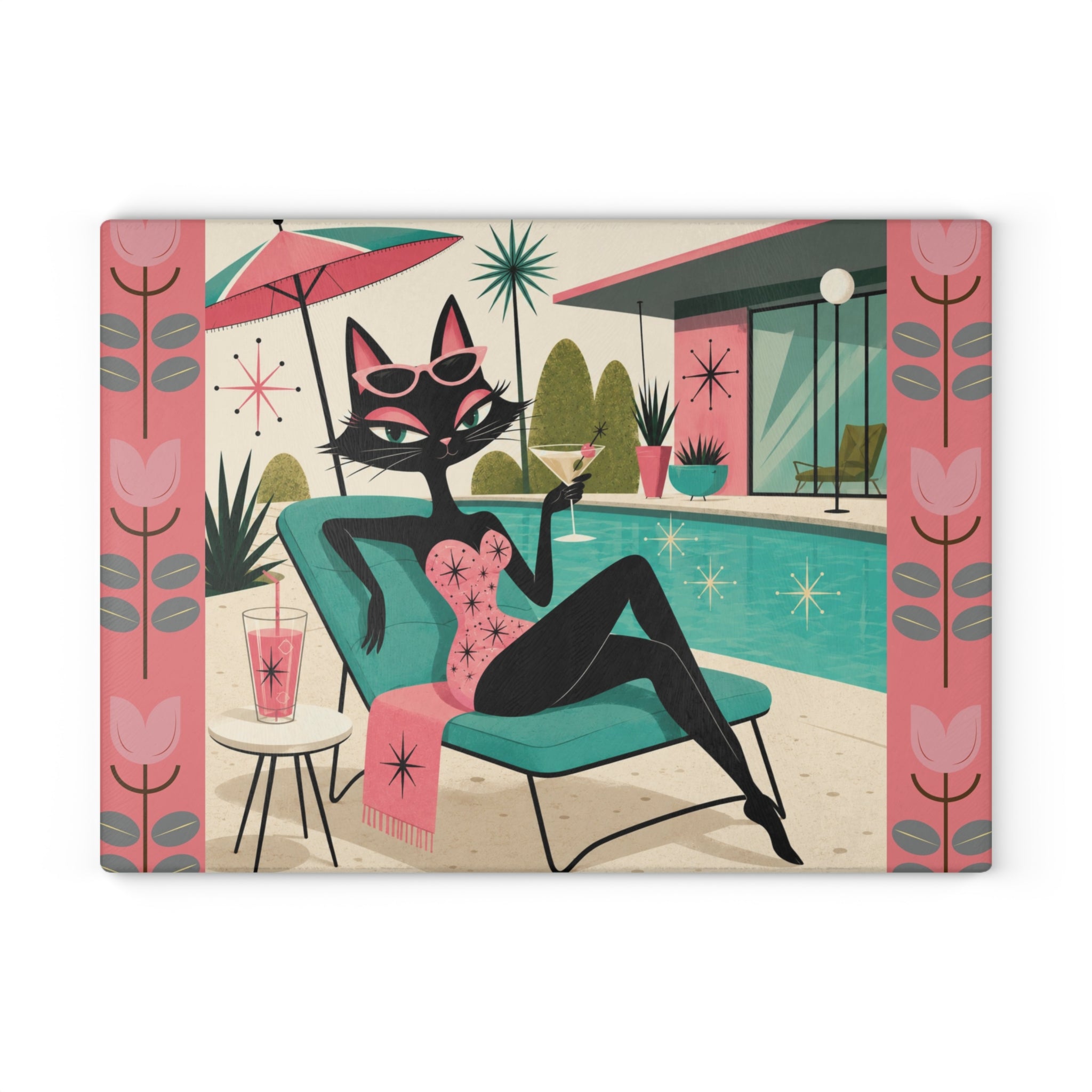Retro Lounge Atomic Cat Glass Cutting Board | Mid Century Poolside Cocktail Art