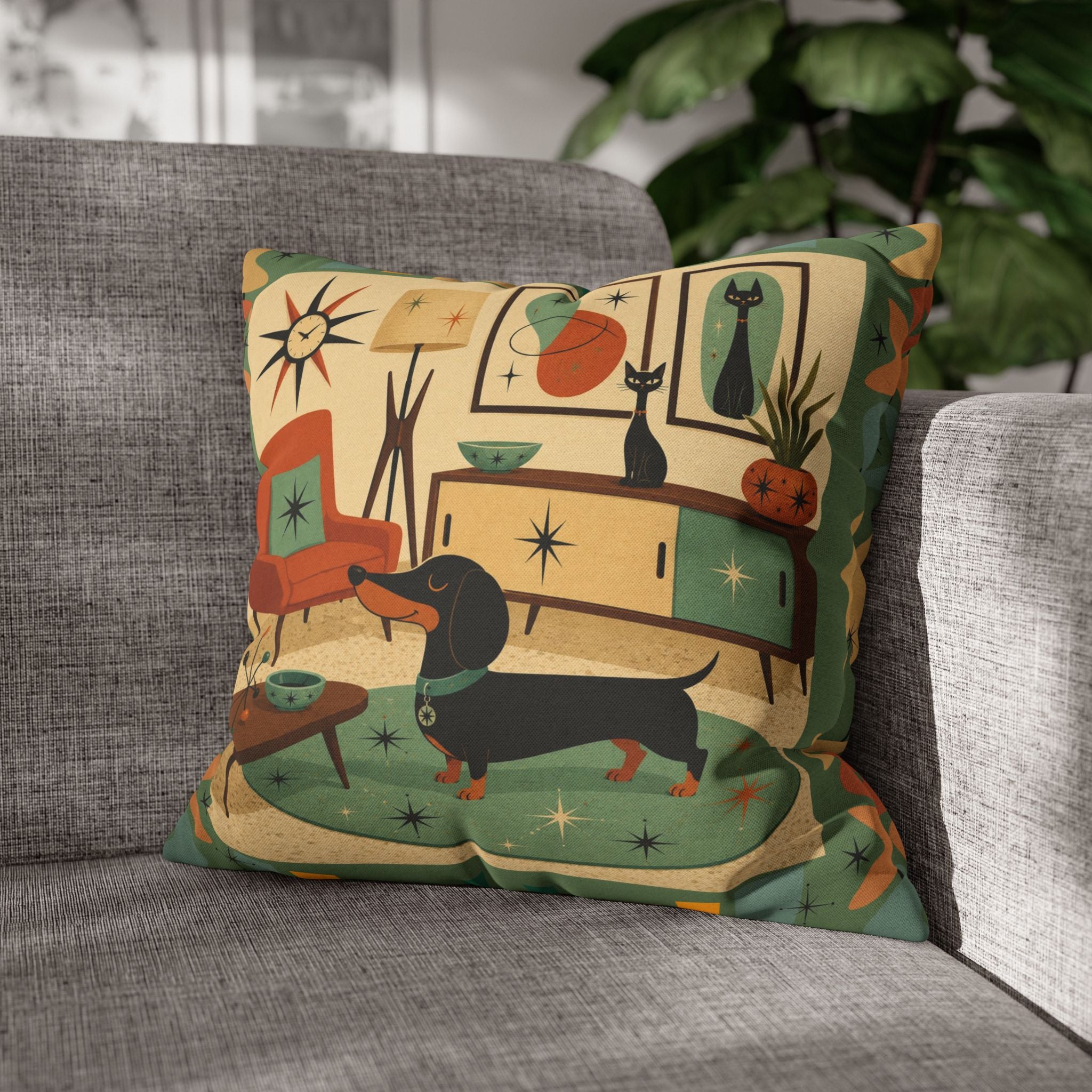 Mid-Century Living Room Dachshund Pillowcase | Square Pillowcase - COVER ONLY