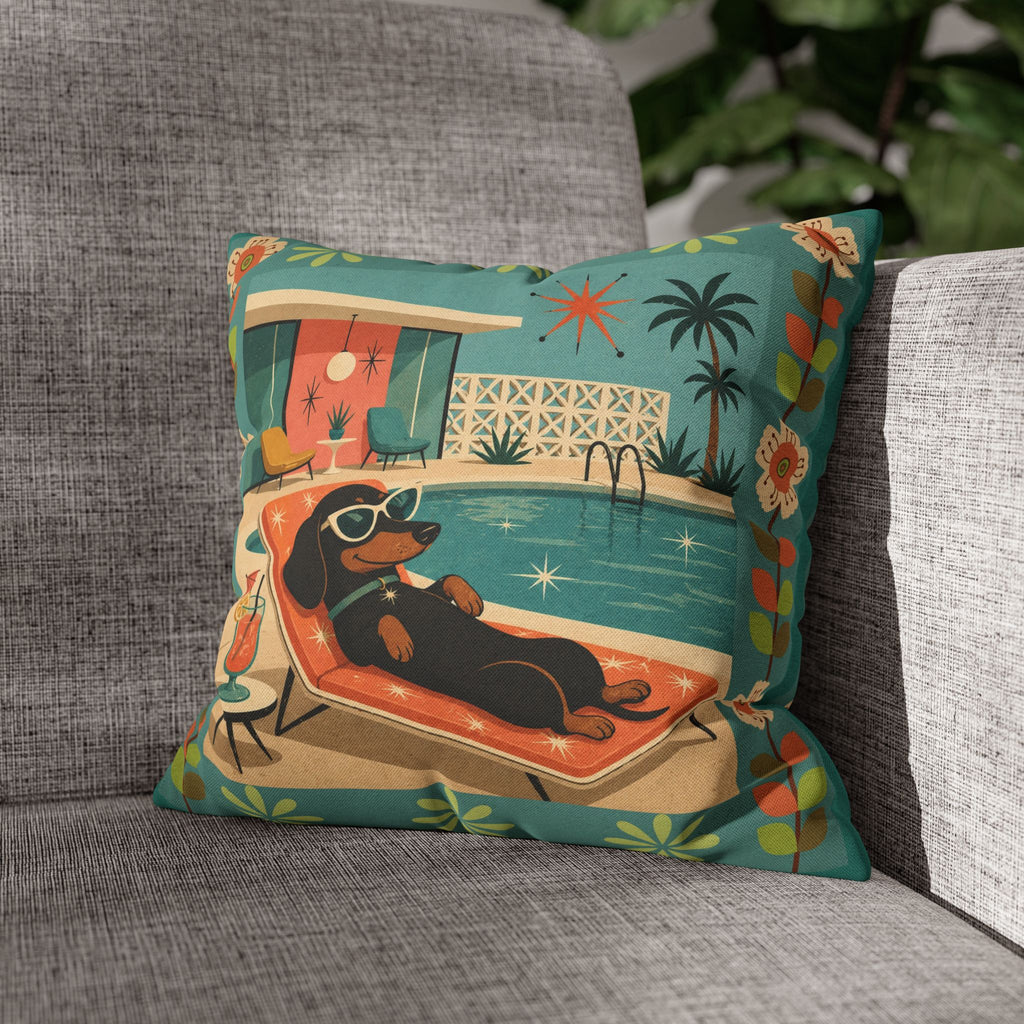 Retro Dachshund Pool Lounge Pillowcase | Square Pillowcase - COVER ONLY - Indoor Use
