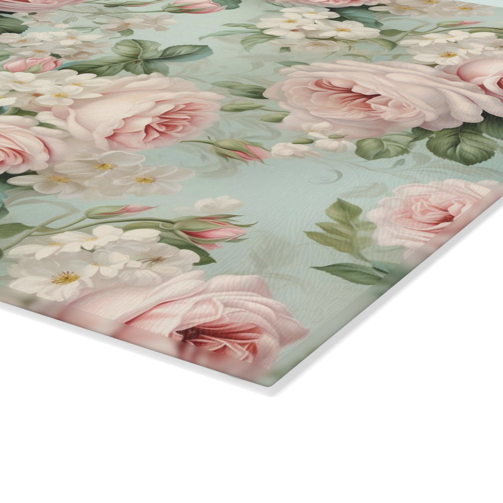 Vintage pink roses shabby chic inspired farmhouse county cottage glass cutting board