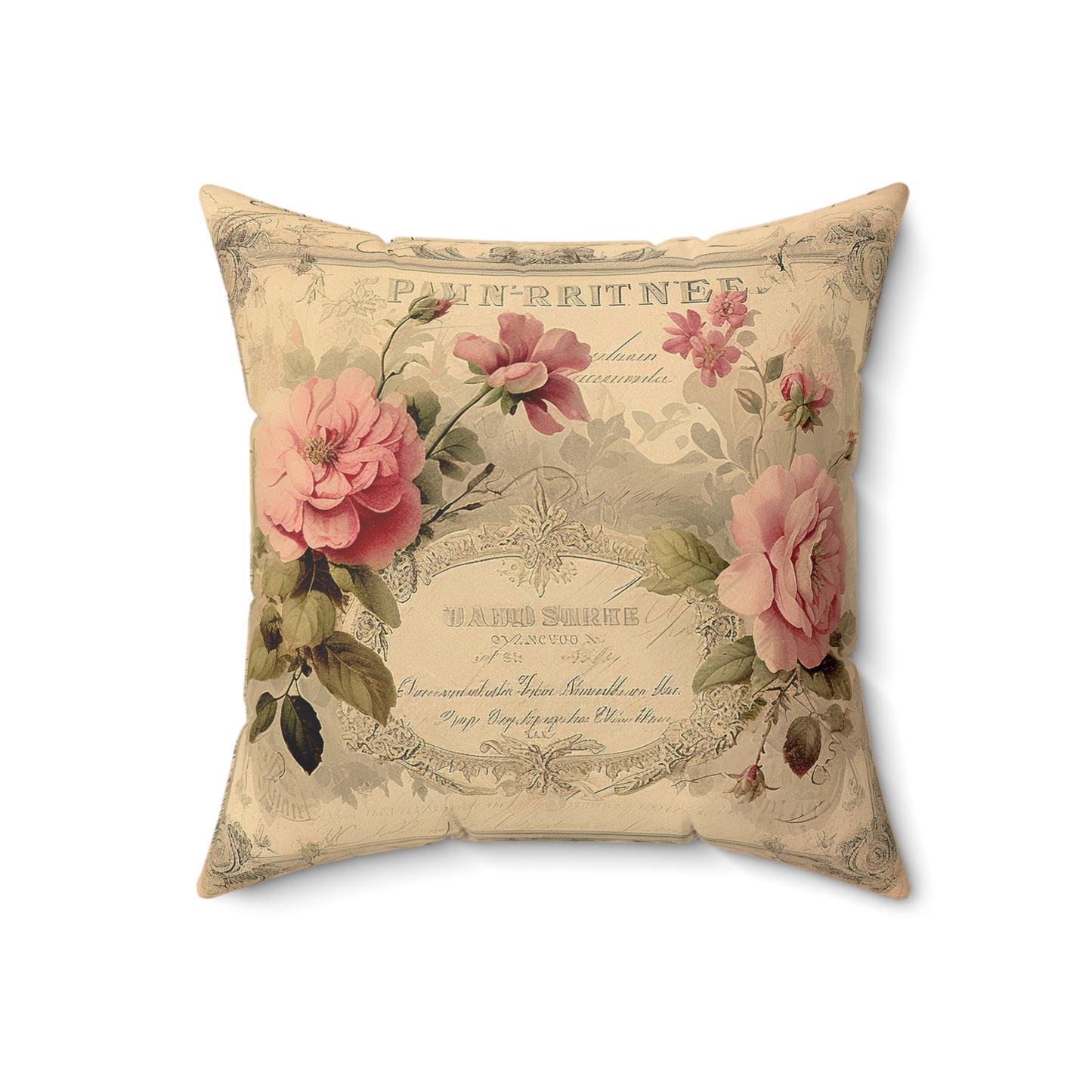 Old rose certificate shabby chic Square Pillow, French vintage inspired, Farmhouse, country cottage, villa decor