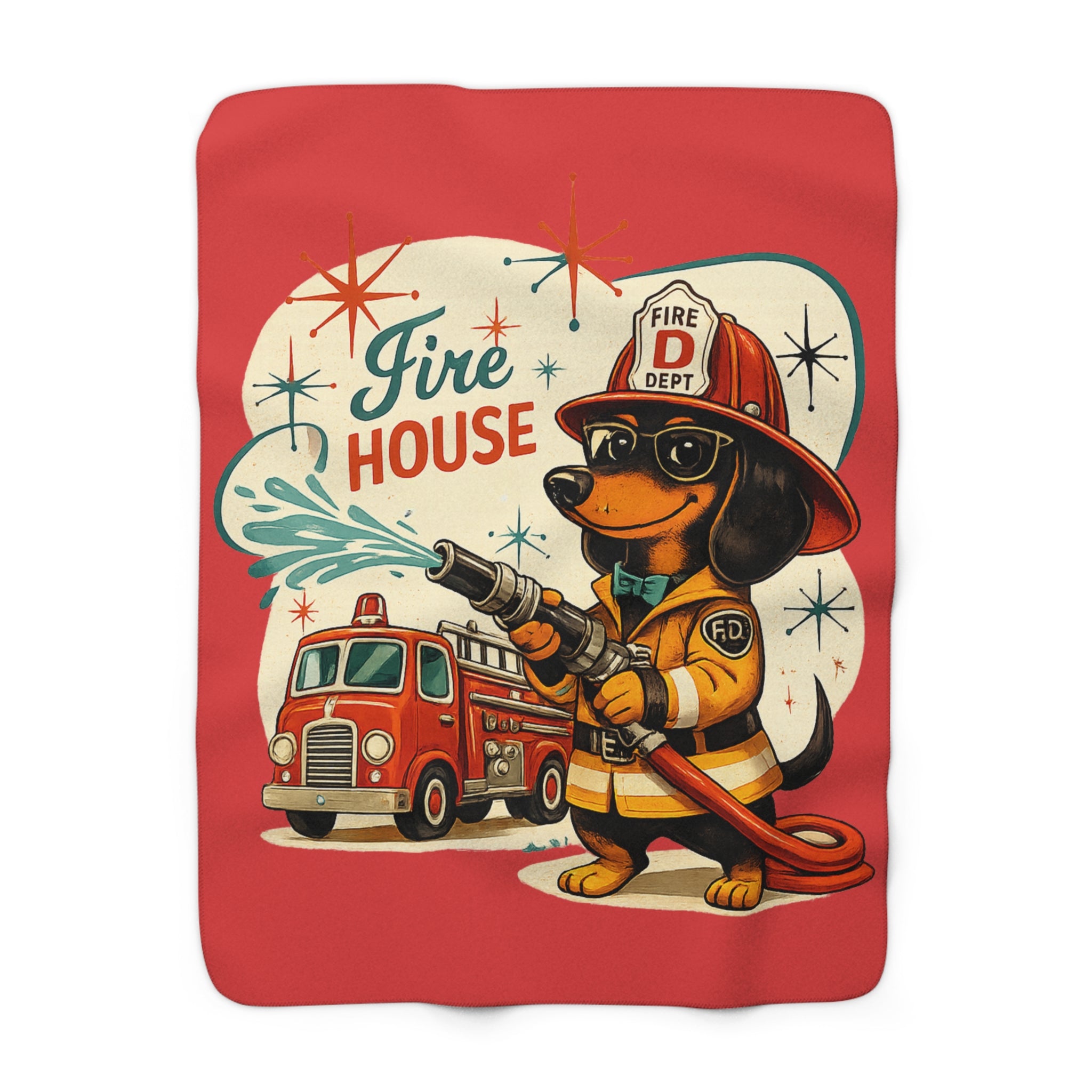 MCM Dachshund Firefighter Illustration Sherpa Blanket | Firehouse Dog Throw