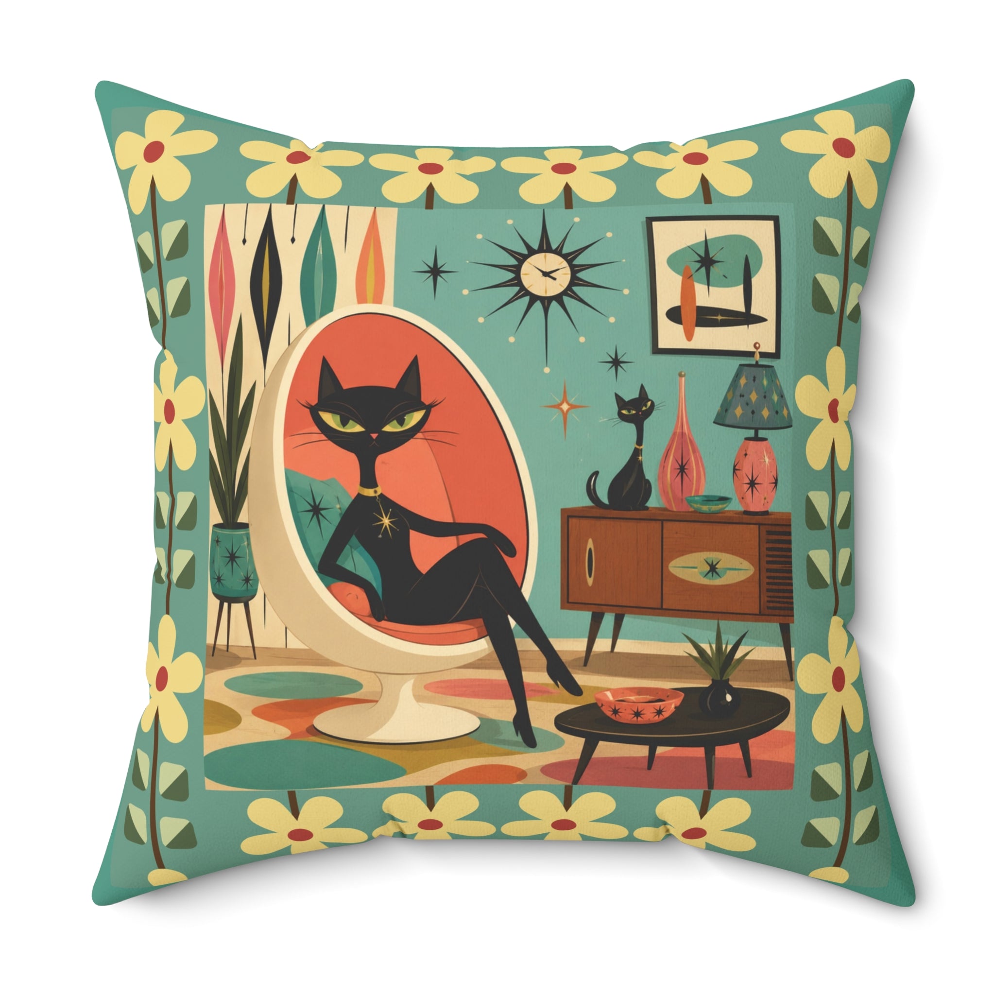 Mid Century Retro Atomic Black Cat in Egg chair Pillow | 1950s Vintage Living Room Decor