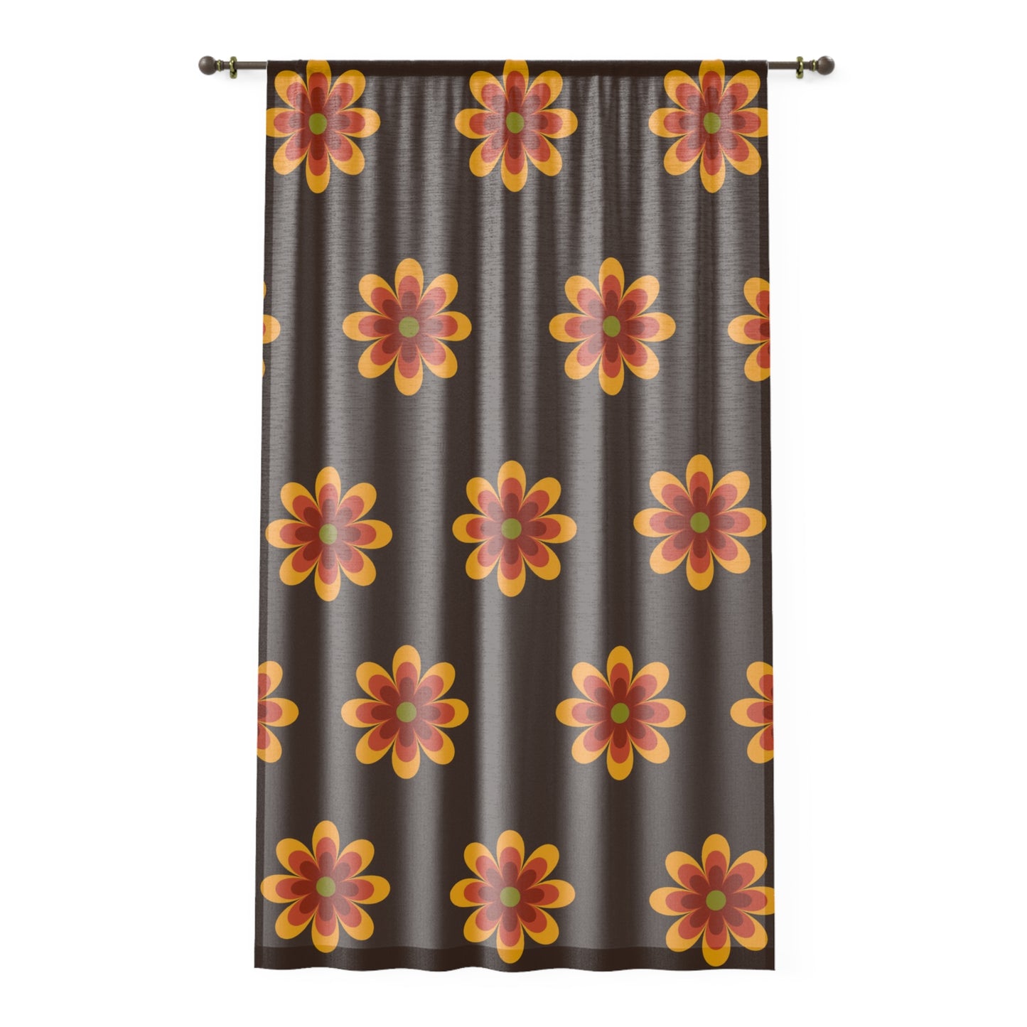 Retro Brown and orange flower sheer Window Curtain, hippie flowers, retro home decor