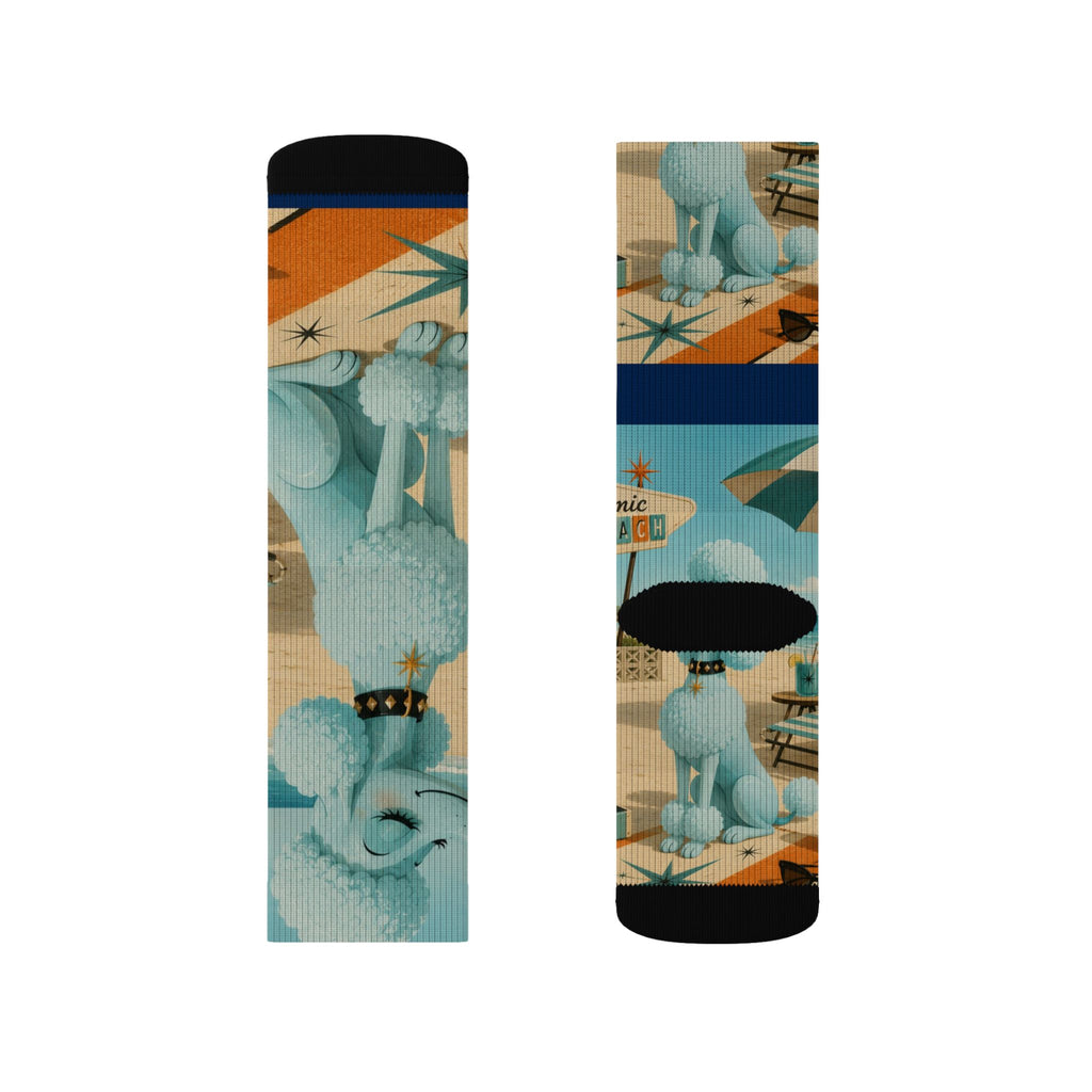 Blue Retro Poodle Pattern Socks | Novelty Mid Century Crew Socks