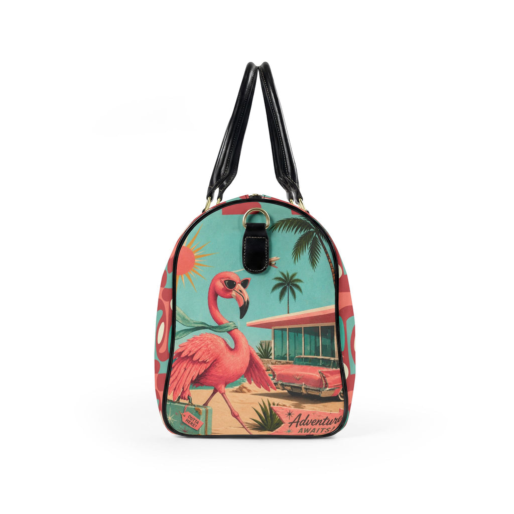 Retro Flamingo fly away Beach Duffle Faux Leather Travel Bag | Vintage Tiki Roadtrip