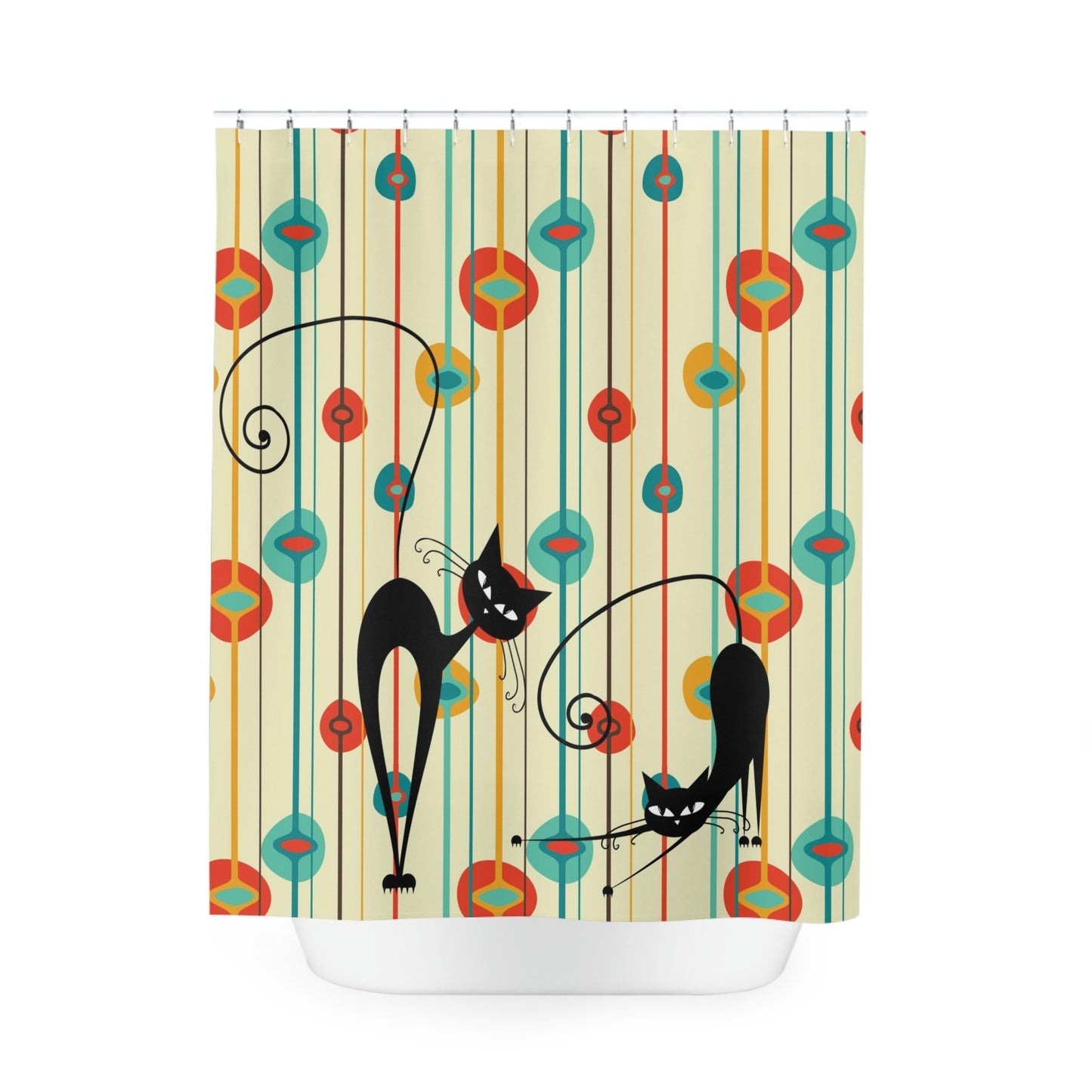 Mid century modern Atomic Cat shower curtain, retro bathroom decor, MCM color curtains