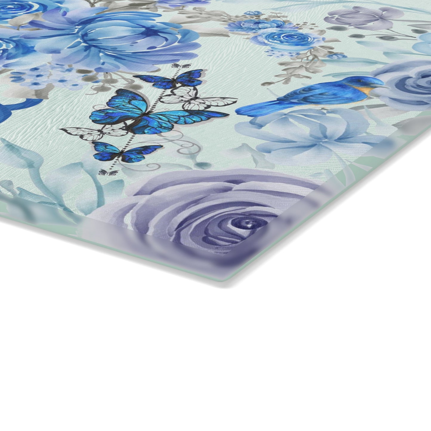 Blue and white, flowers, birds and butterflies, home decor, food preparation Glass Cutting Board