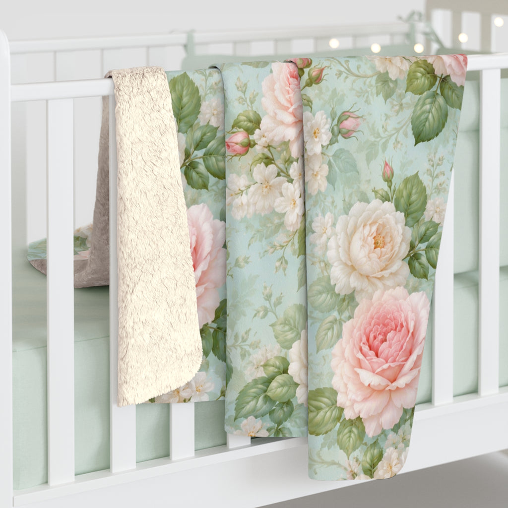 Vintage Pink Roses Sherpa Blanket | Floral Rose Throw, Shabby Chic