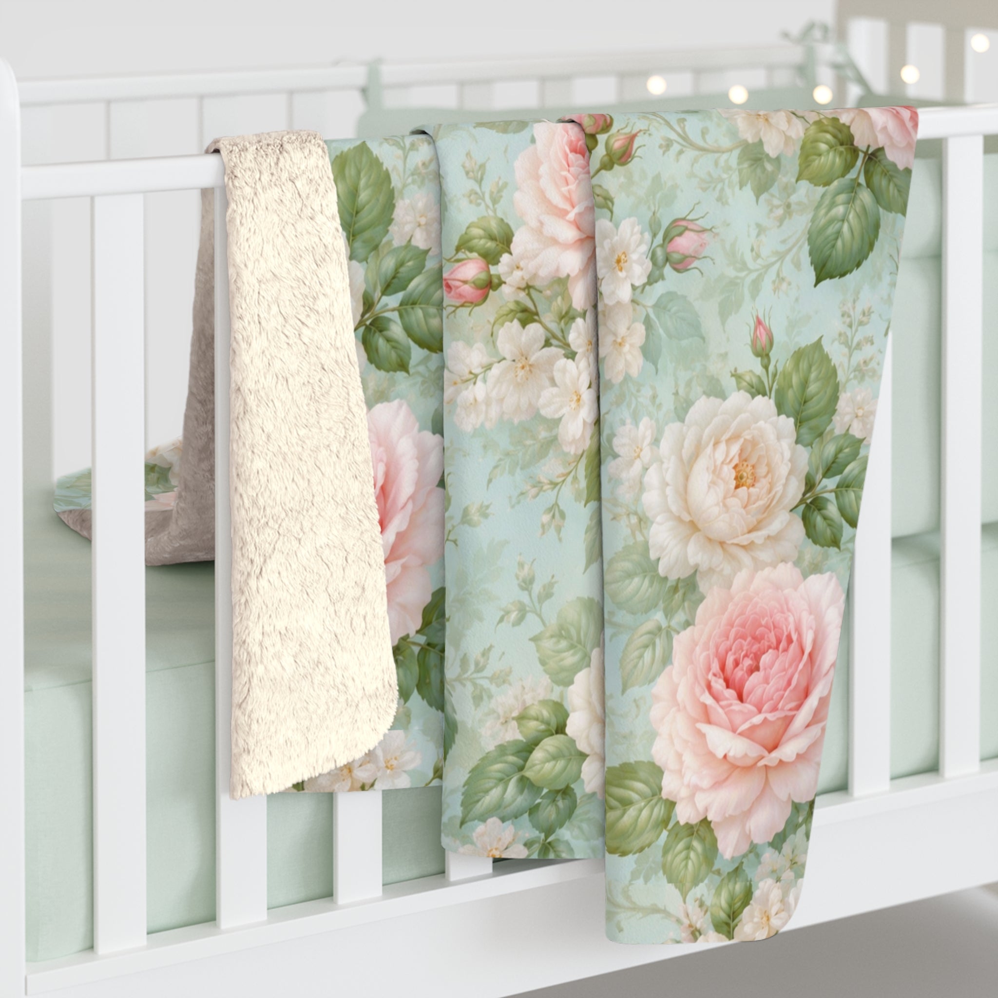 Vintage Pink Roses Sherpa Blanket | Floral Rose Throw, Shabby Chic