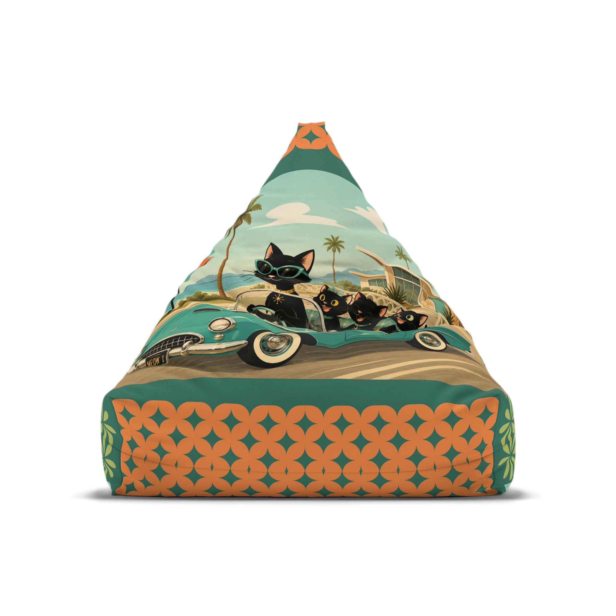 Retro Atomic Cat Road trip Bean Bag Chair Cover | Vintage Tropical Car Pattern