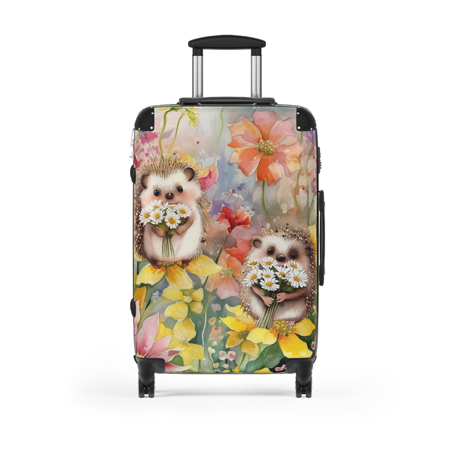 Cute wildflowers and hedgehog Suitcase on wheels, roller case, travel luggage, hard shell suitcase, secure lockable design