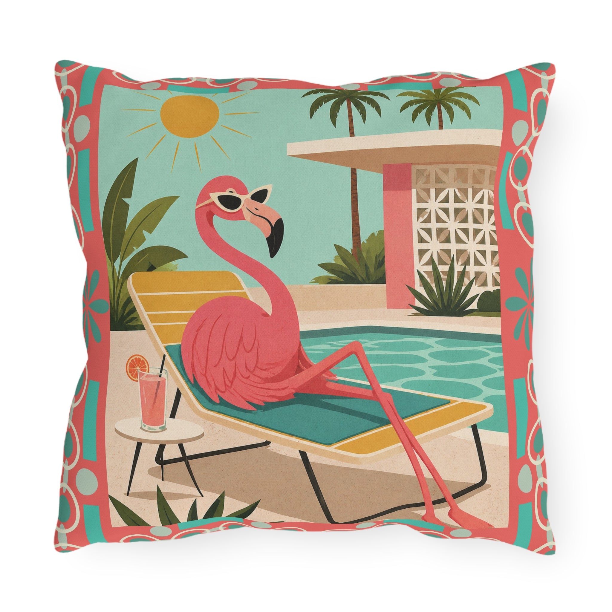 MCM Pink Flamingo Poolside Outdoor Pillow | Retro Mid Century Tropical