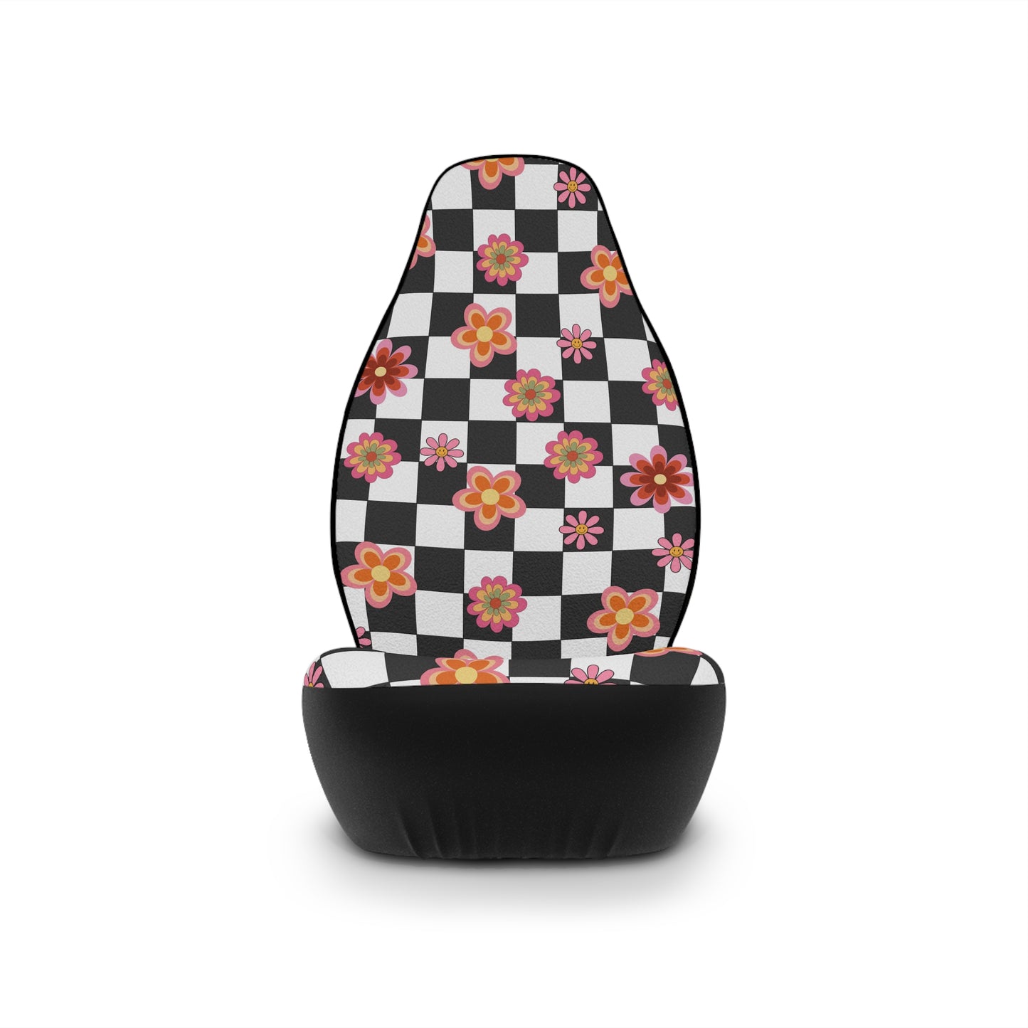 Reviving Retro Chic: Checkered Pattern Car Seat Covers Adorned with Vibrant Retro Flowers