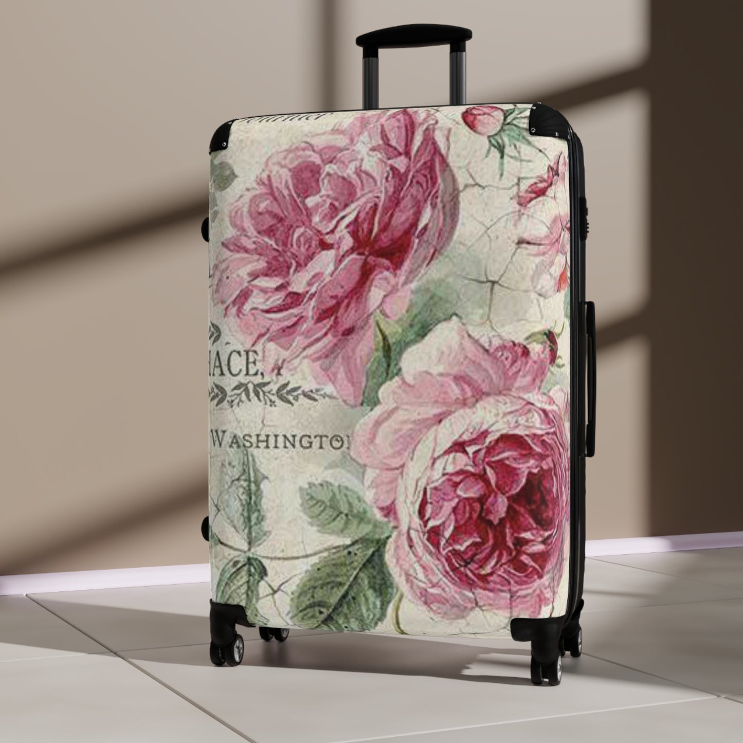 Vintage rose shabby chic style Suitcase on wheels, travel holiday luggage, carry on bag, lockable hard shell case