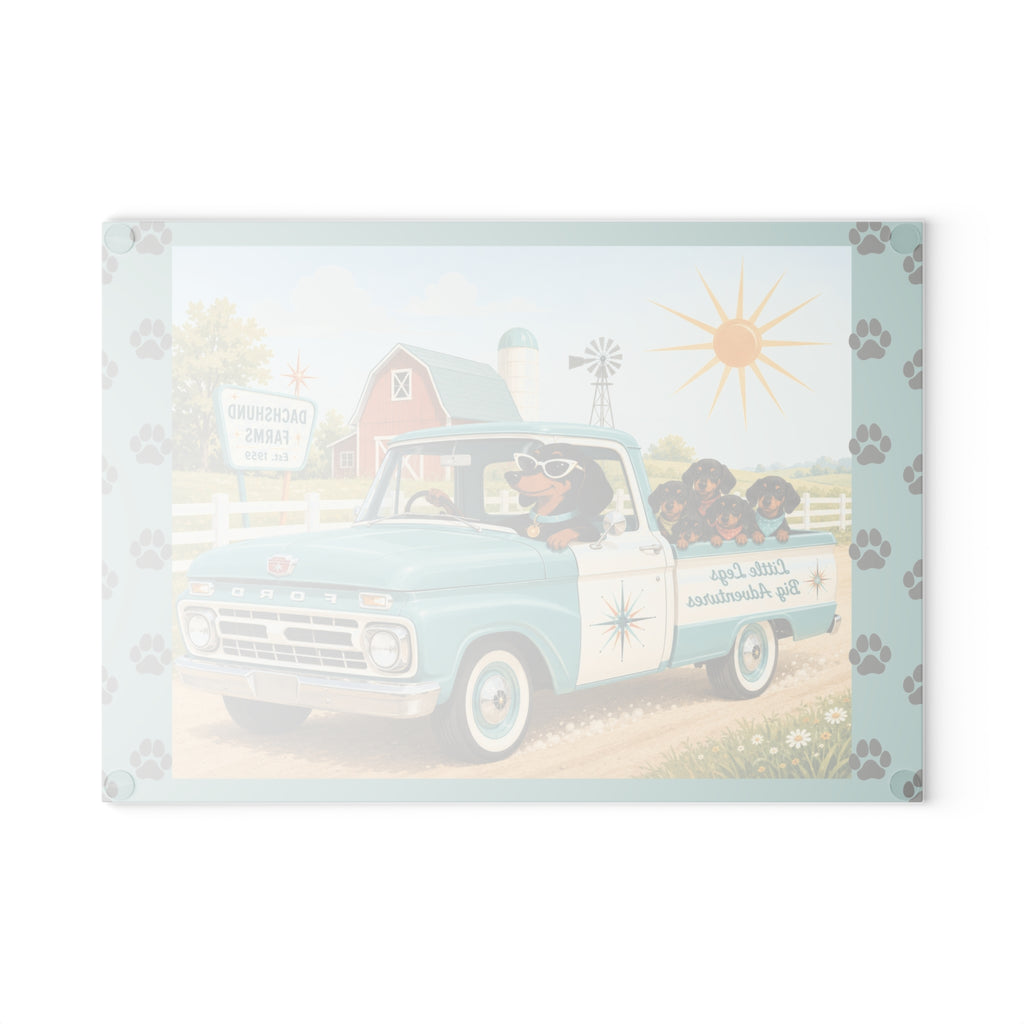MCM Dachshund Farm Truck Glass Cutting Board | Retro Doxie Dogs Kitchen Decor
