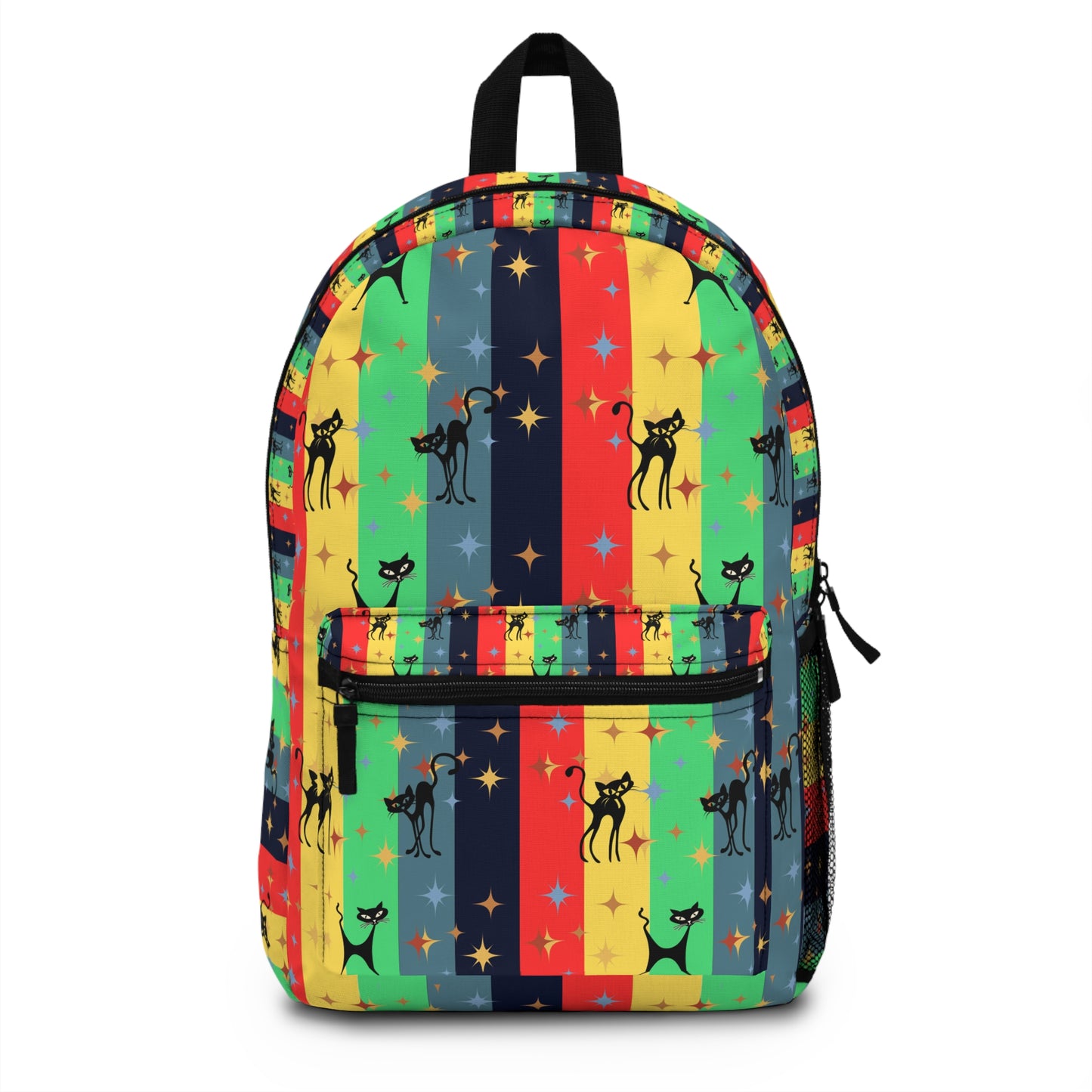 Colorful Atomic cat and stars retro inspired Backpack, hiking, school, college, day trip, weekend away backpack