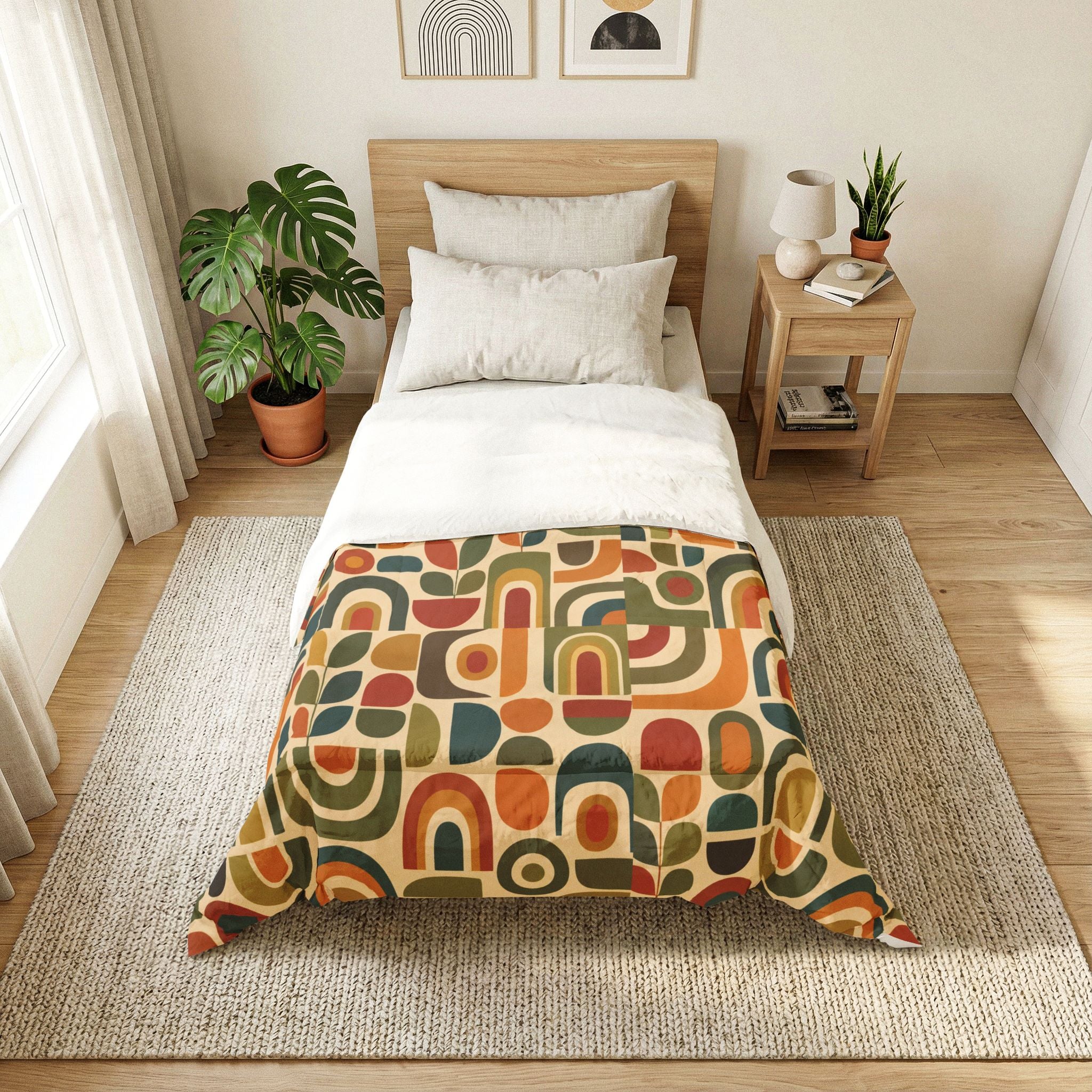 Retro Geometric Pattern Comforter | Mid Century Shapes, Earth Tones