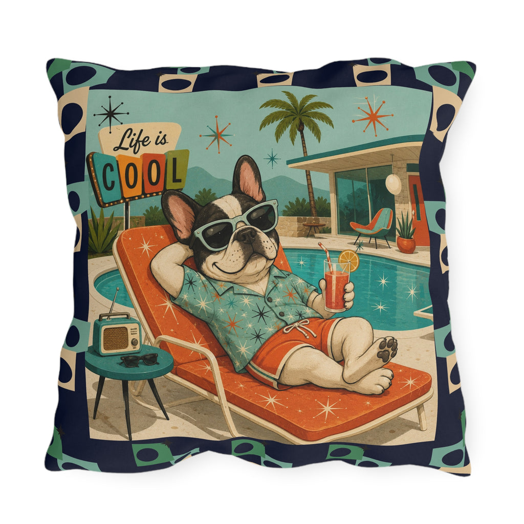 Retro French Bulldog Poolside Lounge Outdoor Pillow | Mid Century Cool