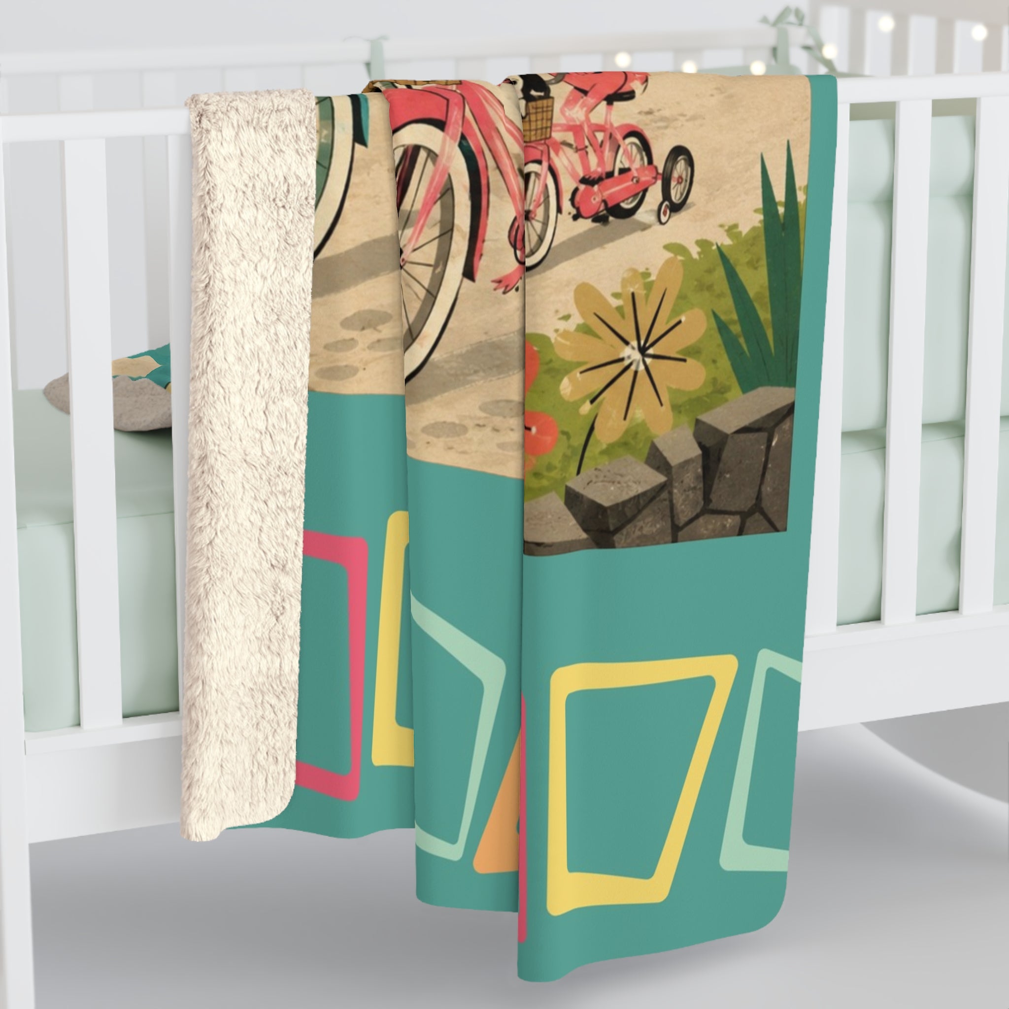 Retro Flamingo Family Bike Ride Sherpa Fleece Blanket | Vintage Tropical
