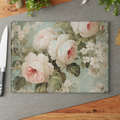 Floral pink flowers shabby chic style Glass Cutting Board, French vintage inspired, farmhouse, housewarming gift