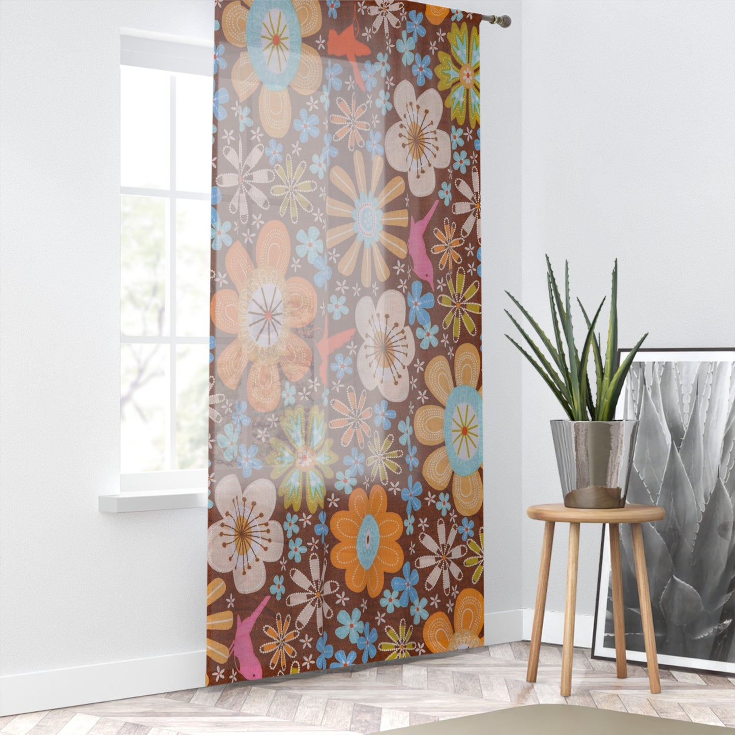 Retro flowers funky sheer Window Curtain for living room or bedroom, retro home decor