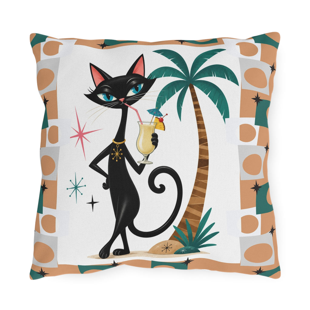 Retro Atomic Black Cat Tiki Outdoor Pillow | Palm Tree Cocktail Cushion
