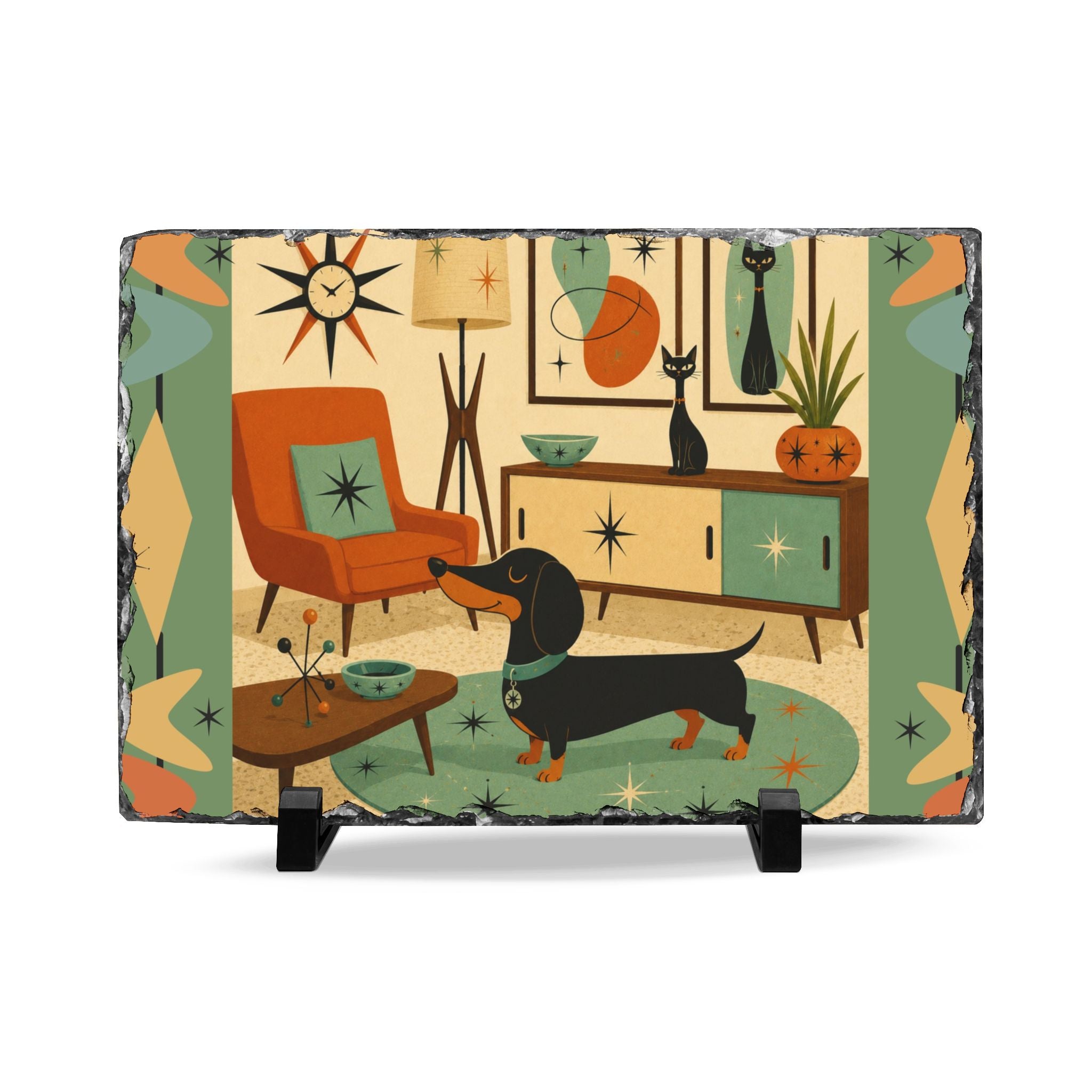Mid Century Dachshund Slate Desk Plaque | Retro Living Room Art