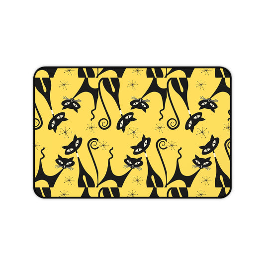 MCM yellow Atomic Desk Mat, retro office decor, Mid Mod mousepad, Large computer desk protector, work from home, black cat lover gift