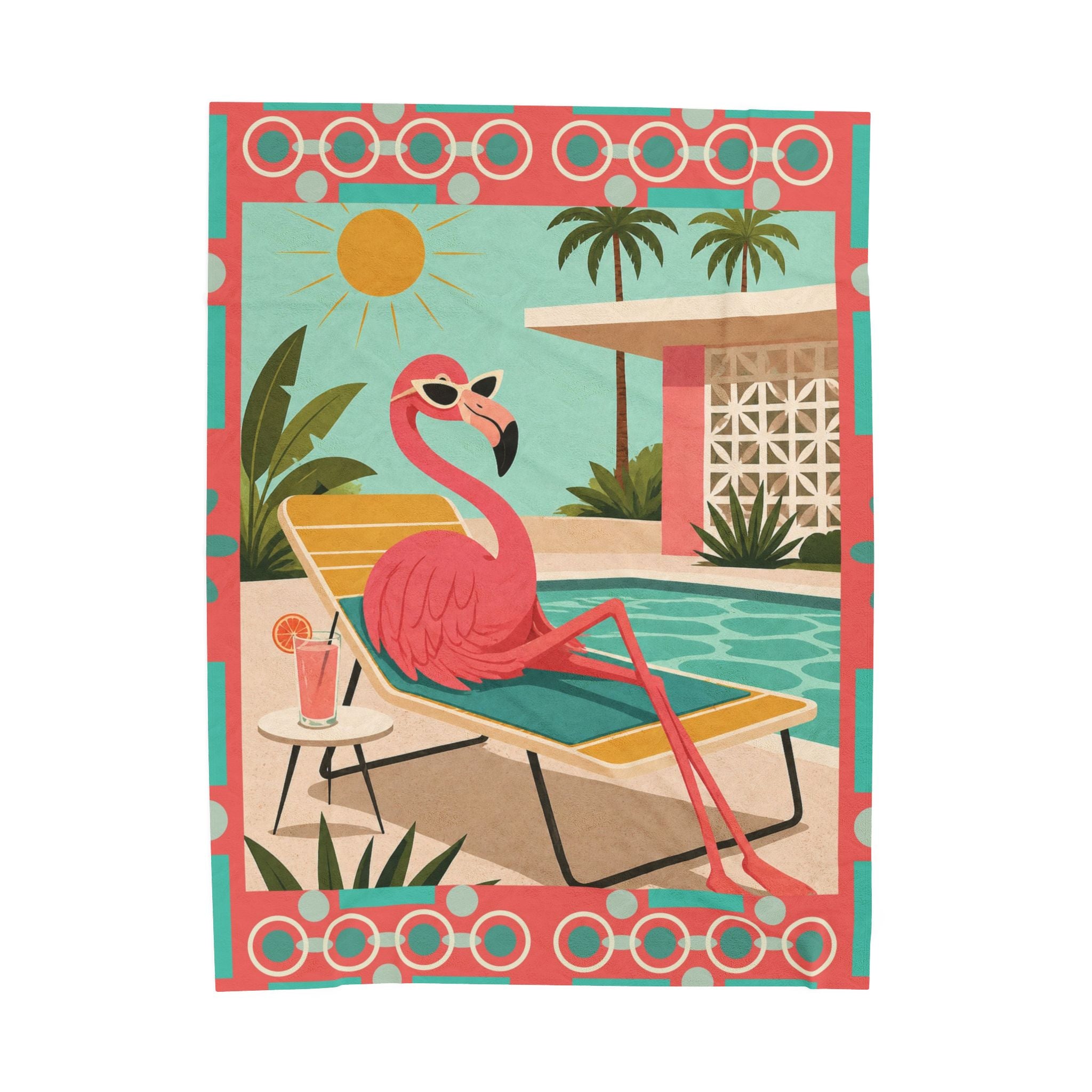 Retro Flamingo Poolside Velveteen Plush Blanket | Mid Century Tropical Design