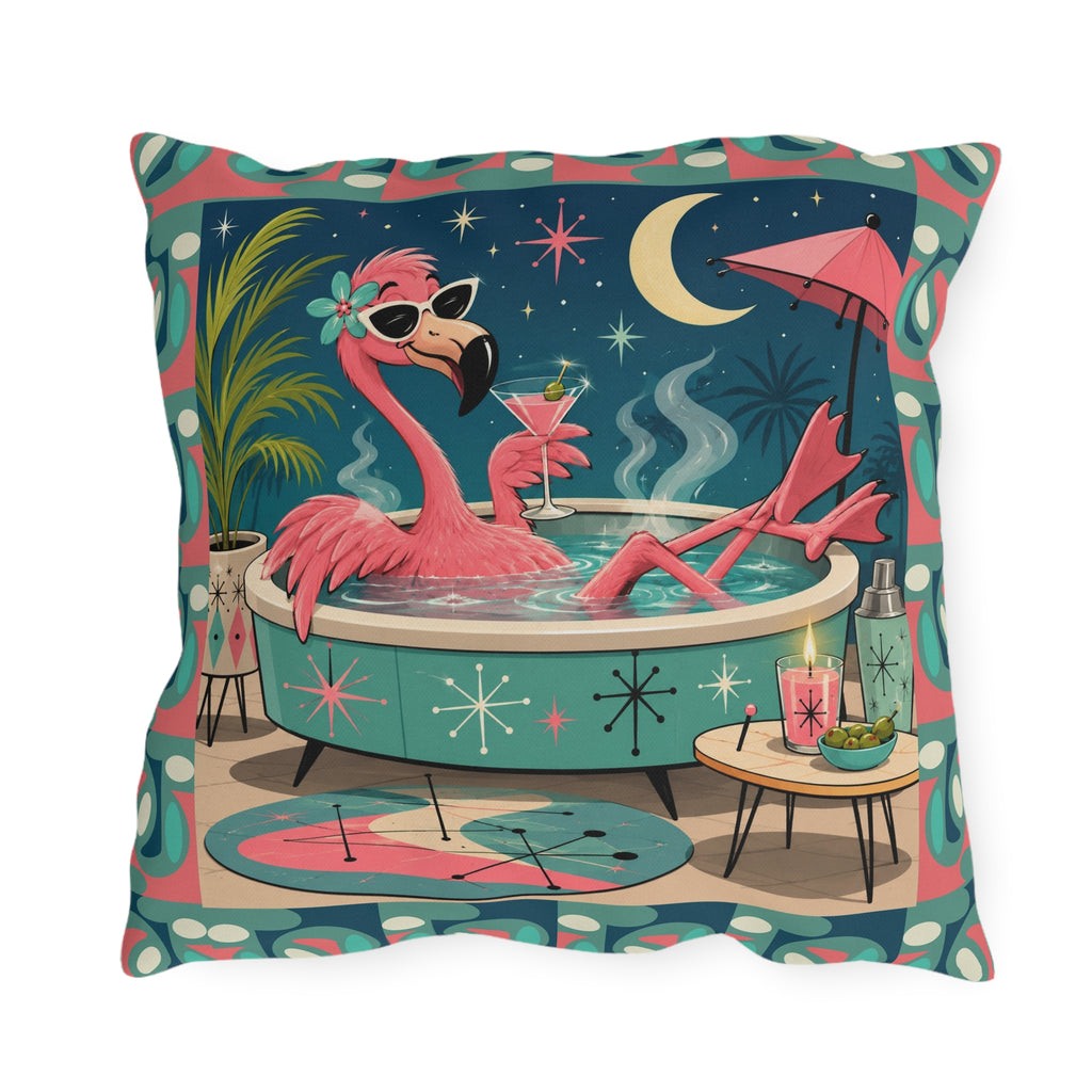 Retro Flamingo in Hot Tub Outdoor Pillow | Mid Century Tropical Patio Decor