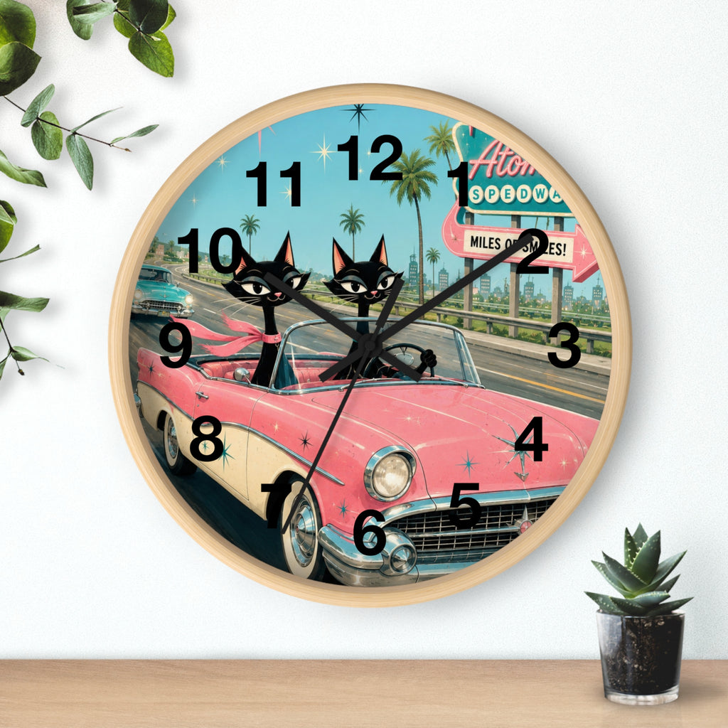 Retro Atomic Cat Roadtrip Wall Clock | Vintage Pink Convertible, Palm Trees