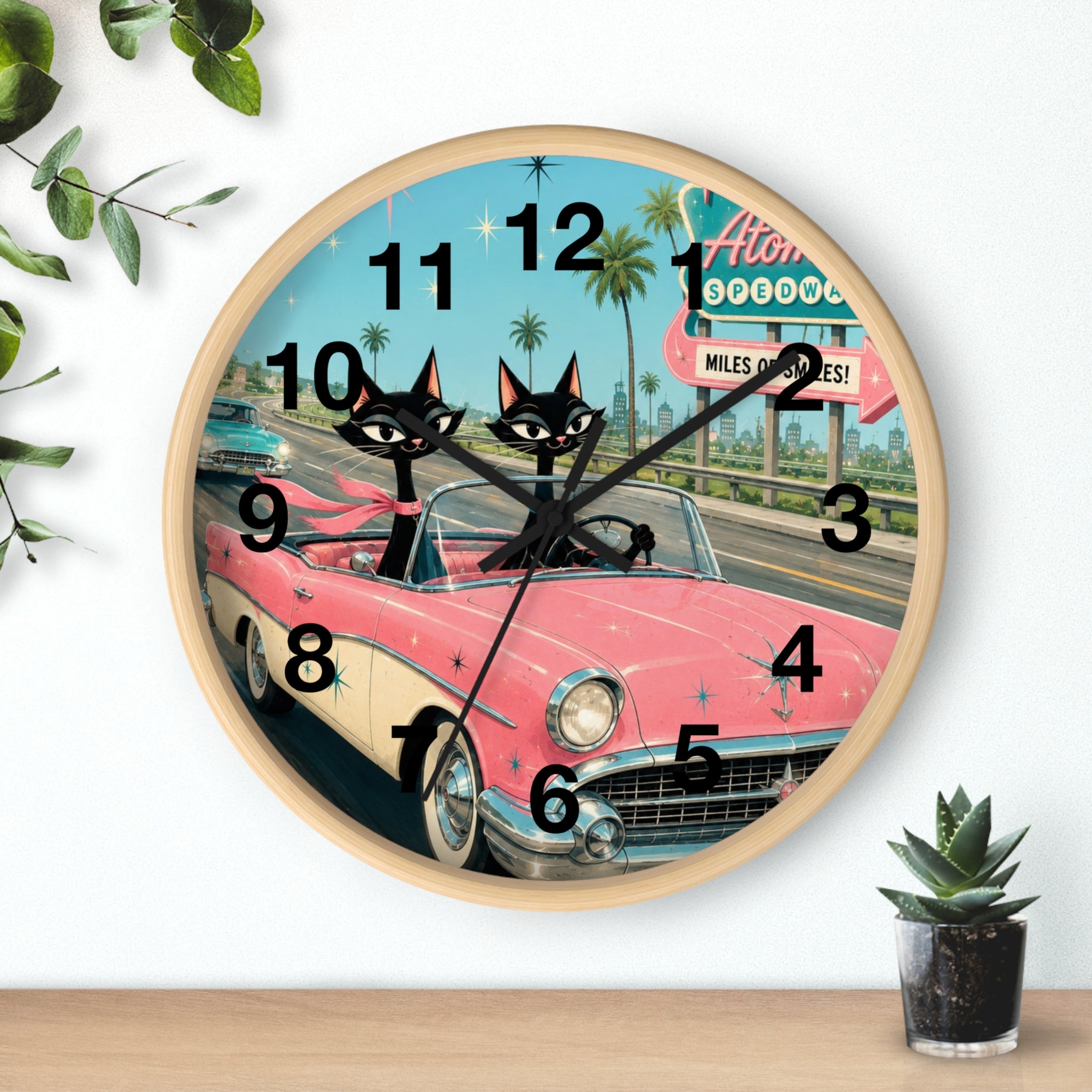 Retro Atomic Cat Roadtrip Wall Clock | Vintage Pink Convertible, Palm Trees