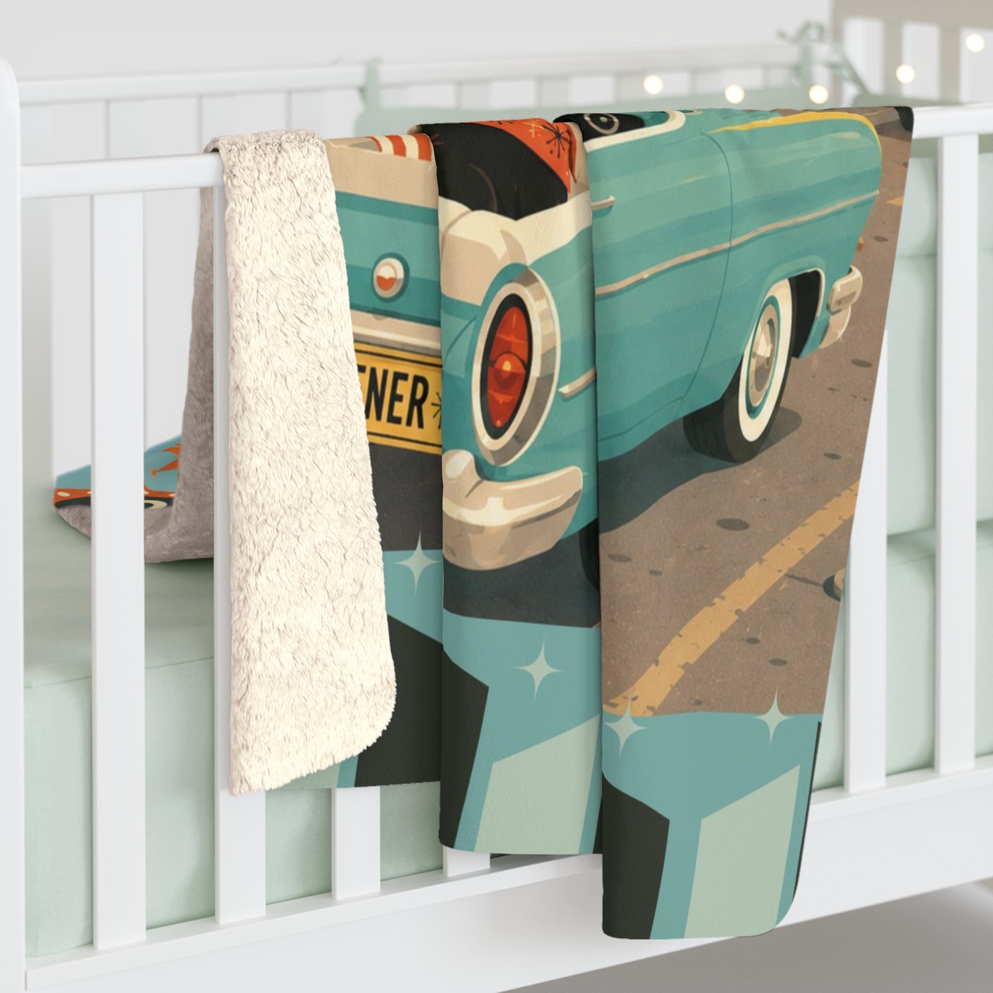 Drive-In Dachshund Dogs Sherpa Fleece Blanket | Retro Movie Night, Vintage 1950s Car & Canine