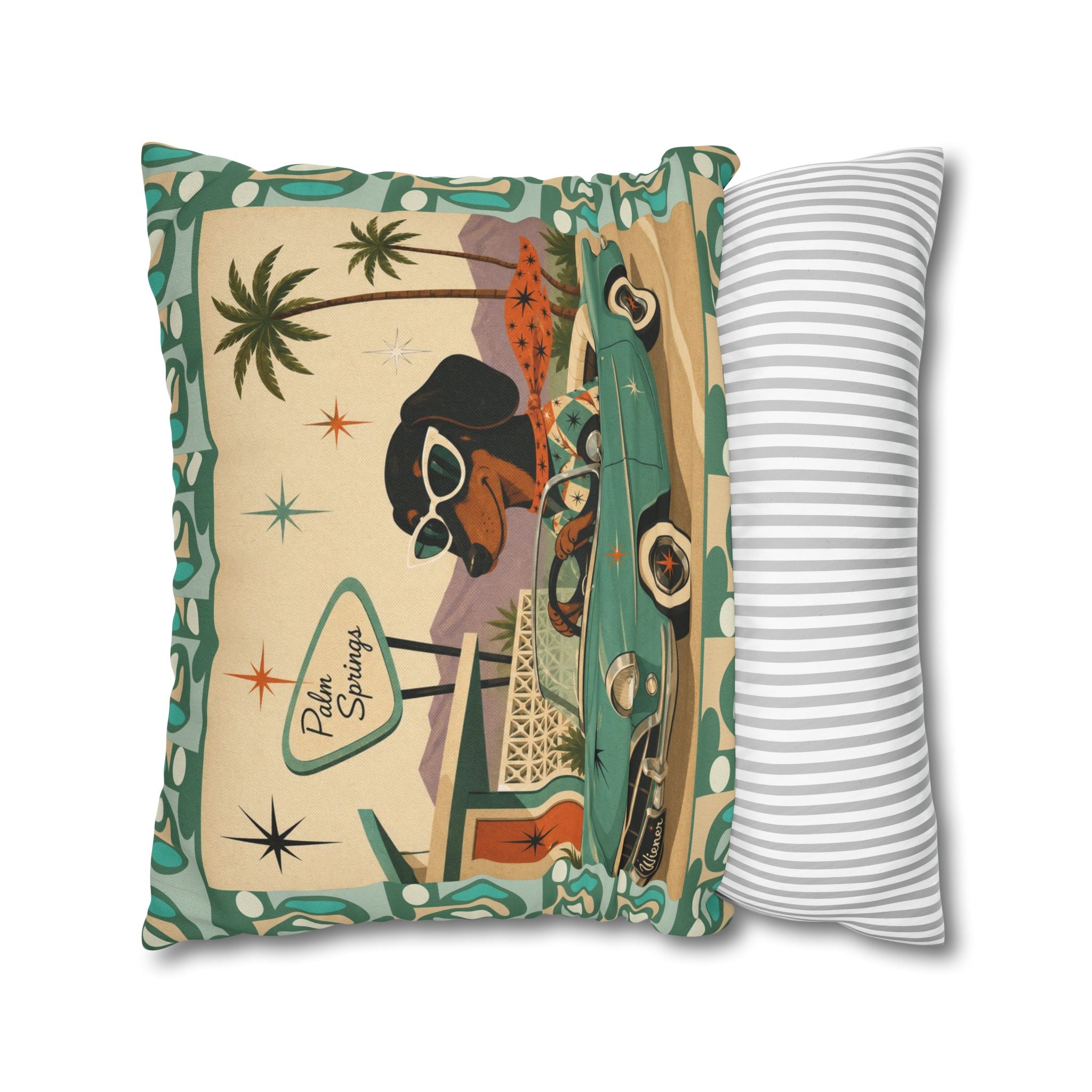 Retro Dachshund Driving Convertible Pillowcase | Palm Springs Vintage Car - COVER ONLY