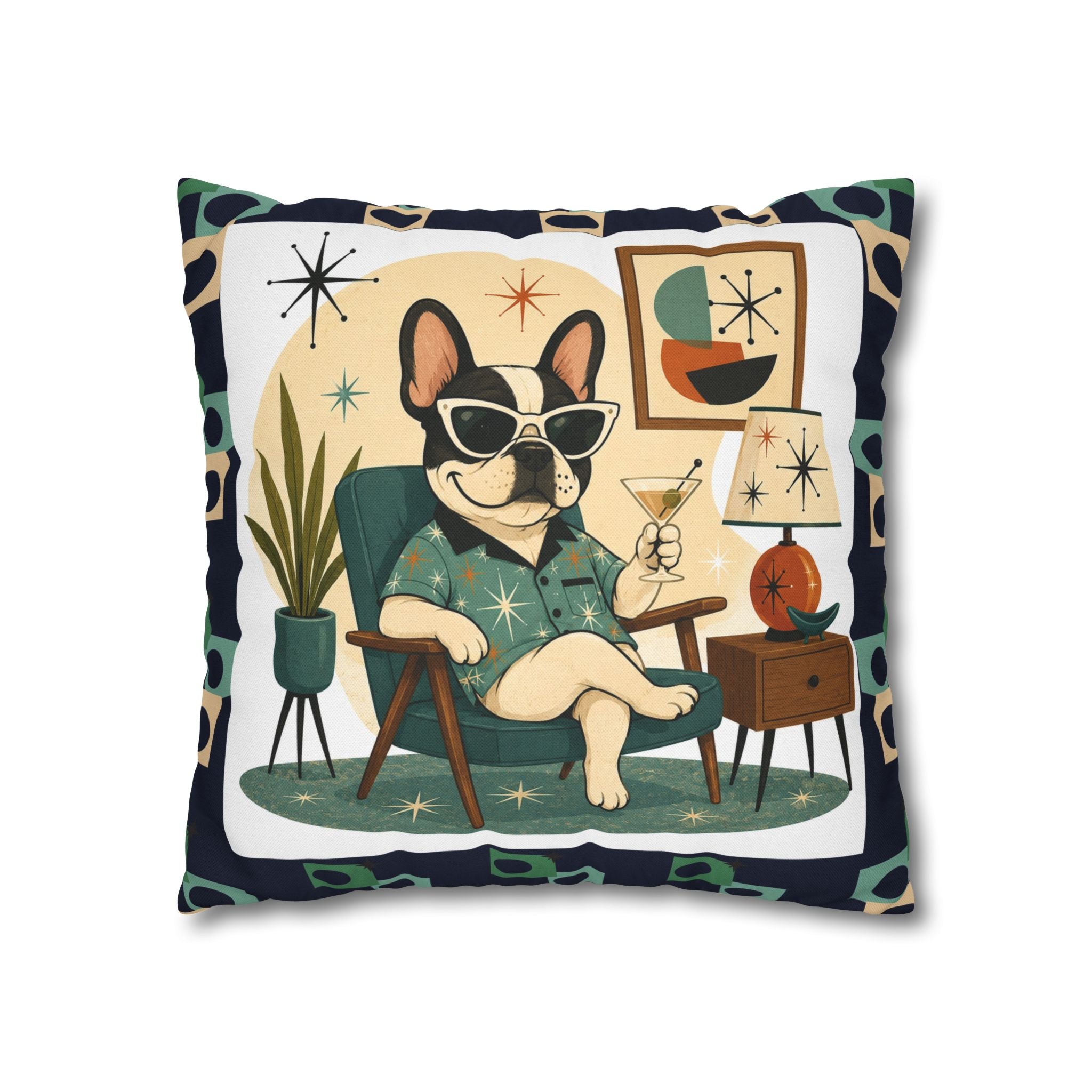 Retro Mid Century French Bulldog Pillowcase | Square Throw Pillowcase - COVER ONLY