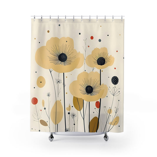 MCM yellow poppy's flower Shower Curtain, floral, Mid Century bathroom, wildflowers, housewarming gift, stall shower curtain