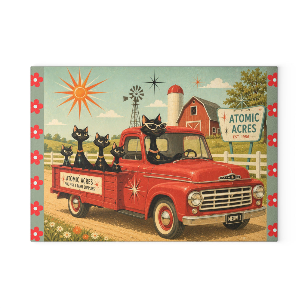 Retro Atomic Black Cats on Red Truck Glass Cutting Board | MCM Atomic Acres Farm