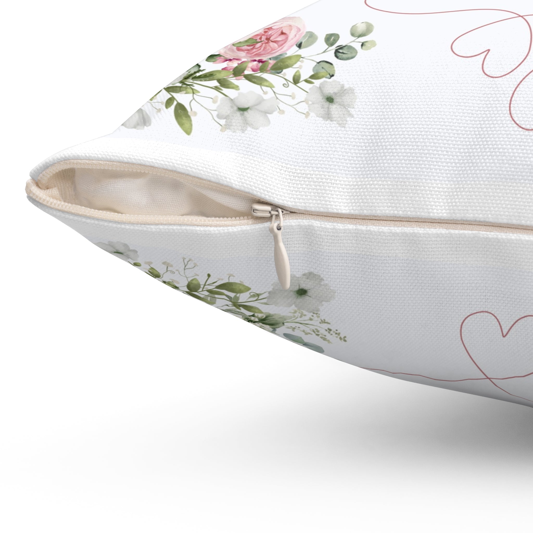 Pink Peony rose love heart Spun Polyester Square Pillow, Shabby chic style, Farmhouse decor, floral scatter cushion