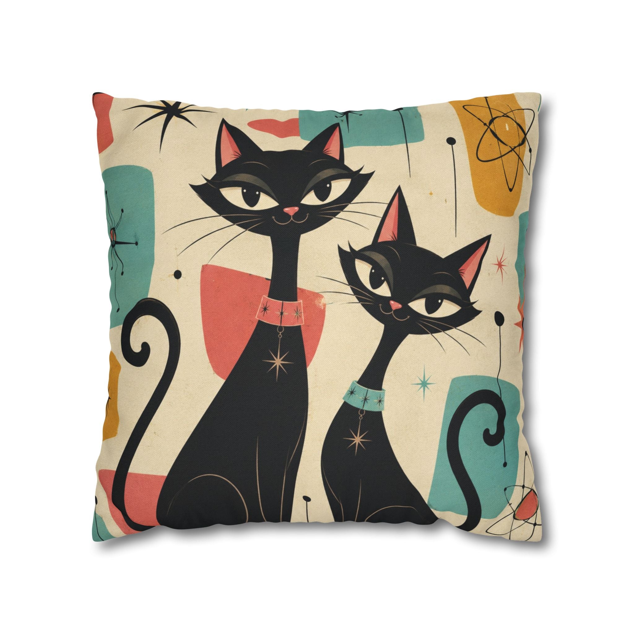 Mid Century Retro Atomic Black Cats Pillowcase | Spun Polyester Square Pillowcase - COVER ONLY