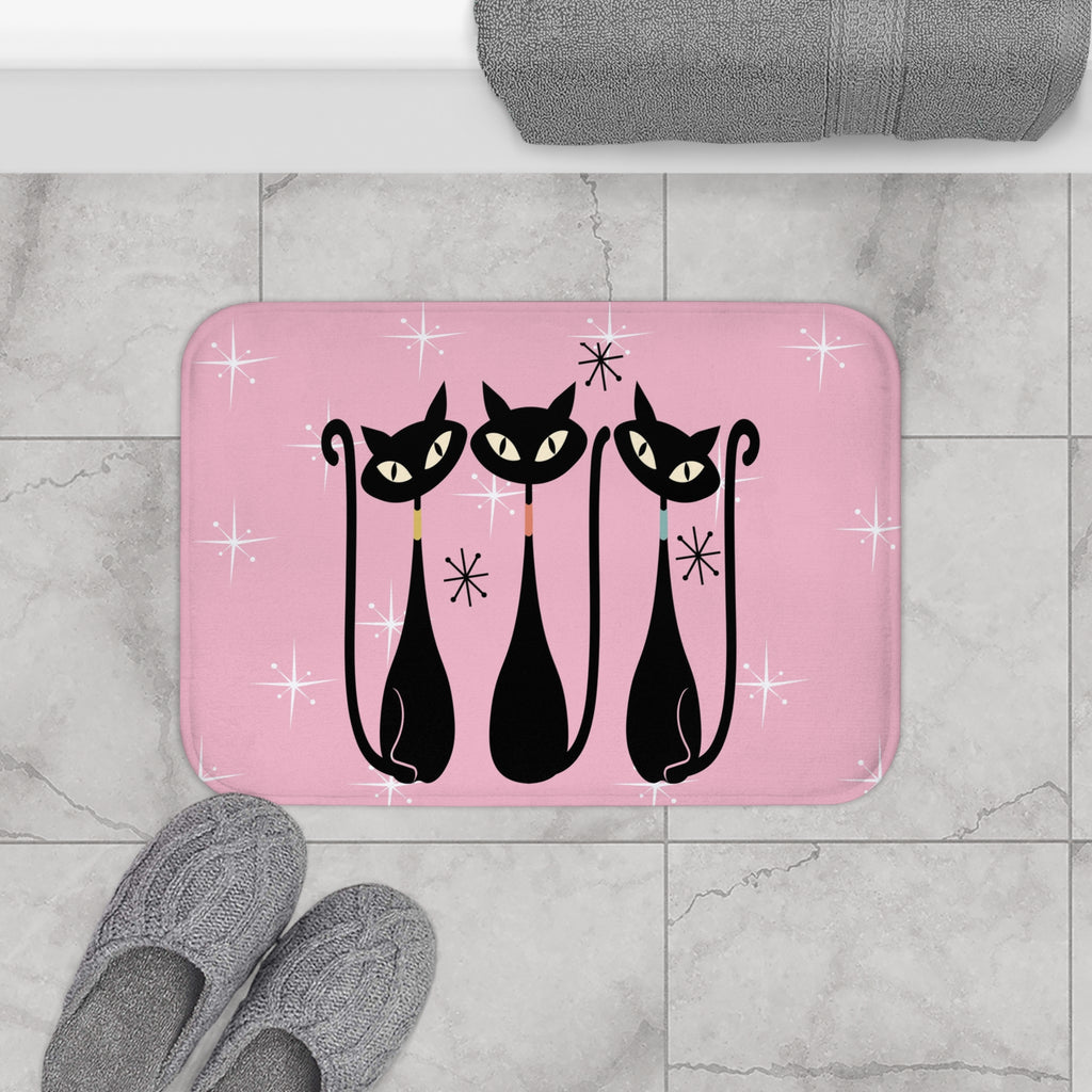 Pink Retro Black Cats Bath Mat — Mid-Century Modern Kitty Bathroom Rug