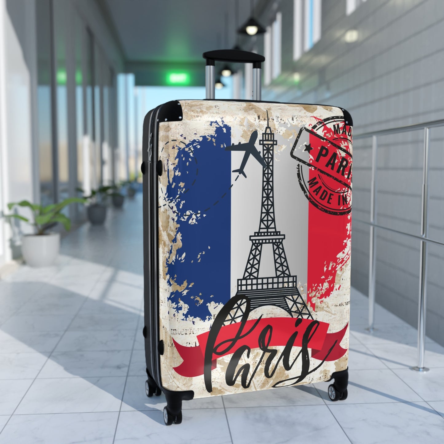 Made in Paris suitcase on wheels,  holiday in France, roller case, secure lockable carry on bags, hard shell travel suitcase